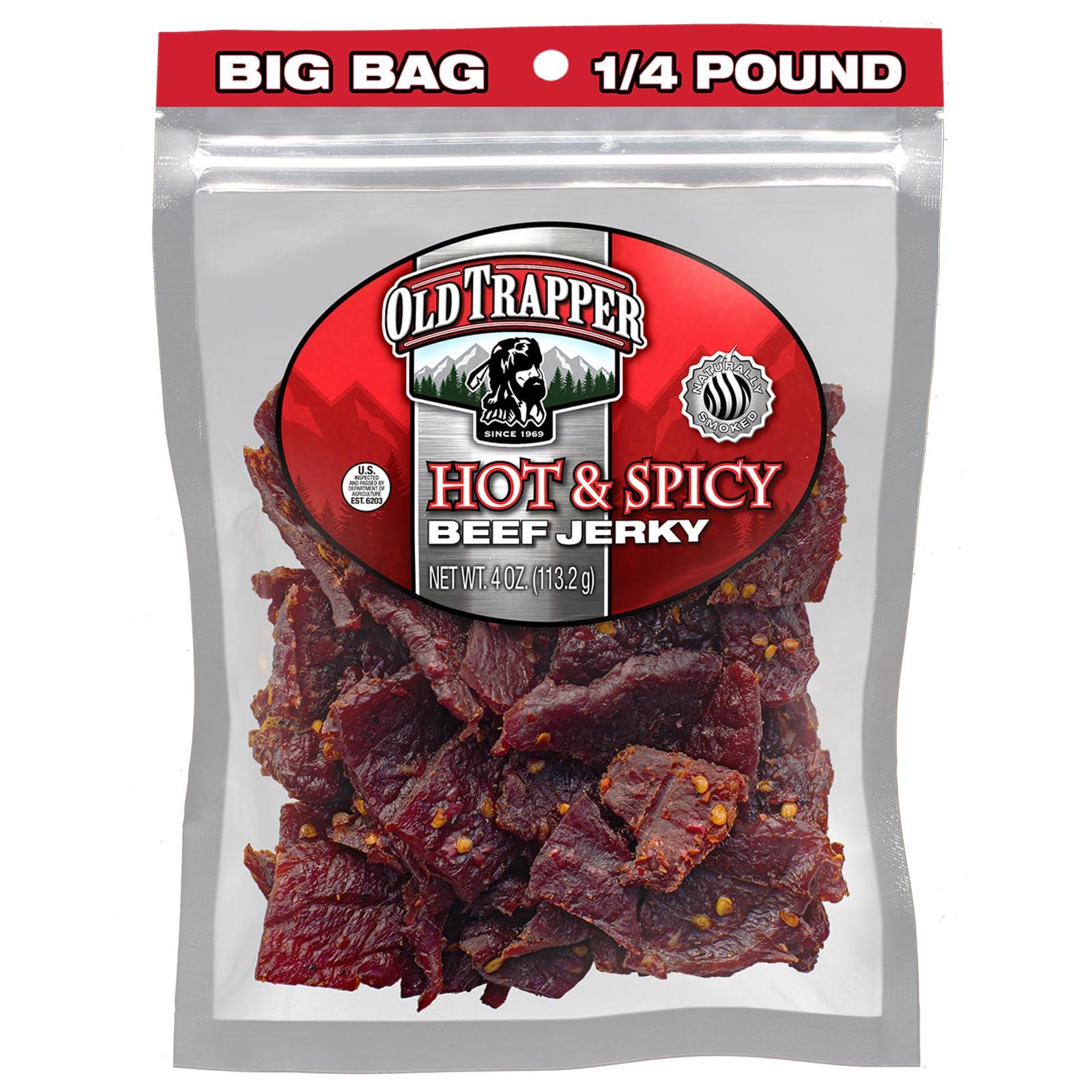 Old Trapper Old Trapper Beef Jerky, Hot & Spicy 1/4-Pound Individual Package, Savory and Spicy Meat Snacks for Lunches or Between Meals, 11 Grams of Protein and 70 Calories per Serving (Pack of 8)