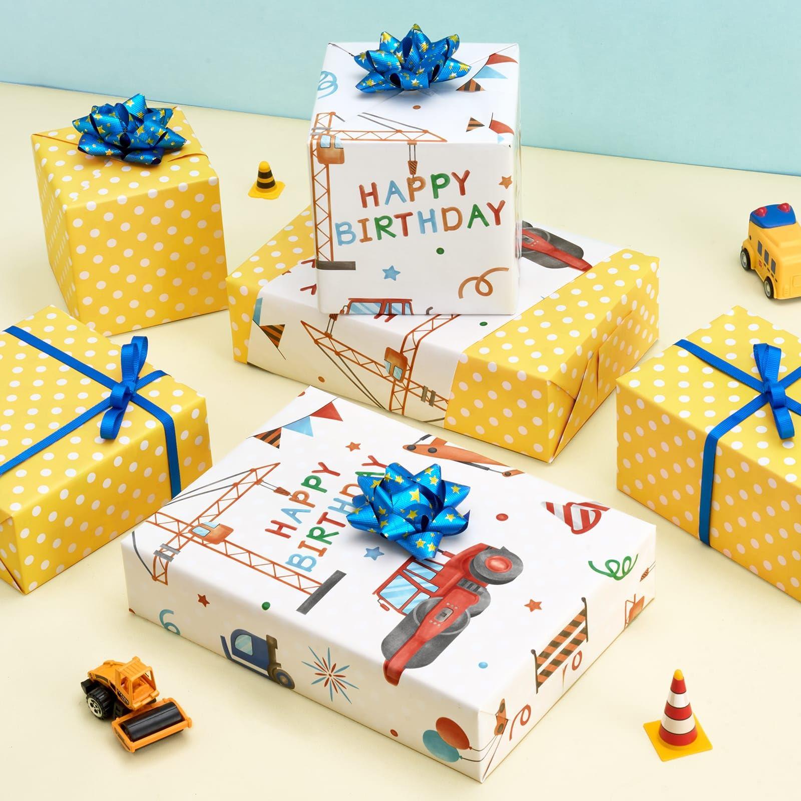 WERNNSAI WERNNSAI Construction Wrapping Paper - 1 Roll 17 x 33 ft Reversible Truck Wrapping Paper Roll Ink Jumbo Roll Birthday Wrapping Paper Roll Kids Boys Construction Party Favor Gift Wrap Polka Dot Design