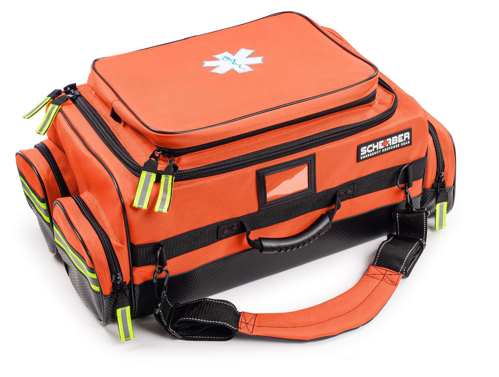 Scherber Scherber Fully Stocked First Responder Ultimate Professional EMT/EMS Trauma Kit | HSA/FSA Approved | w/10+ Compartments, Zippered Pockets, Dividers, Oxygen Access & 260+ First Aid Supplies (Orange)