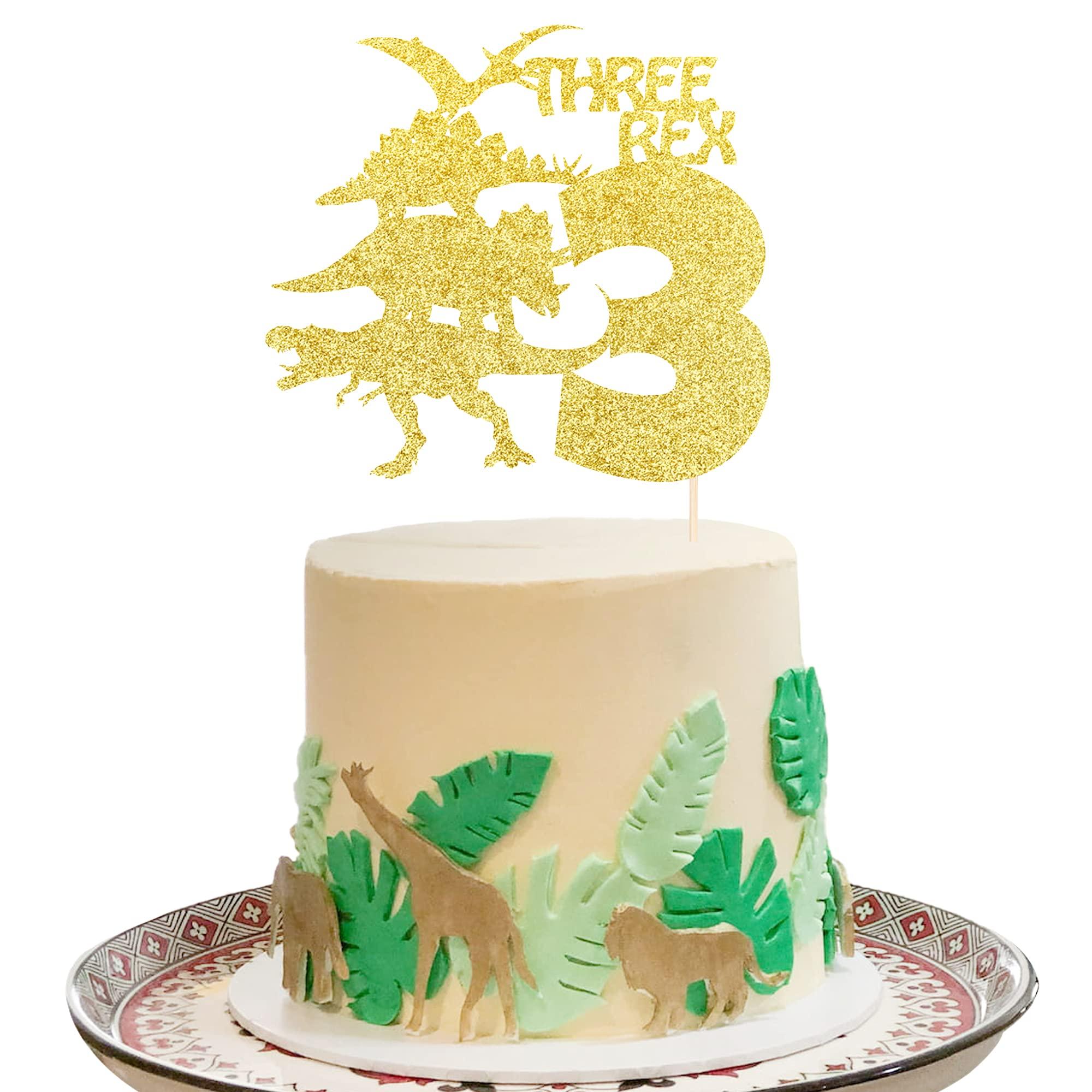 ZHUOWEISM 1 PCS Three Rex Birthday Cake Topper with Glitter Dinosaur 3rd Birthday Cake Pick Baby Shower 3rd Birthday Dinosaur Theme Party Decorations Supplies Gold