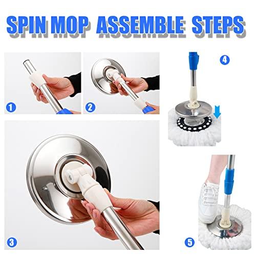 Gzdisbek Spin Mop and Bucket System | 360 Spin Mop and Bucket with Wringer Set | Mops for Floor Cleaning | 3 Microfiber Mop Replacement Head Refills | 61\" Extended Handle | Wet and Dry Use Floor Mop