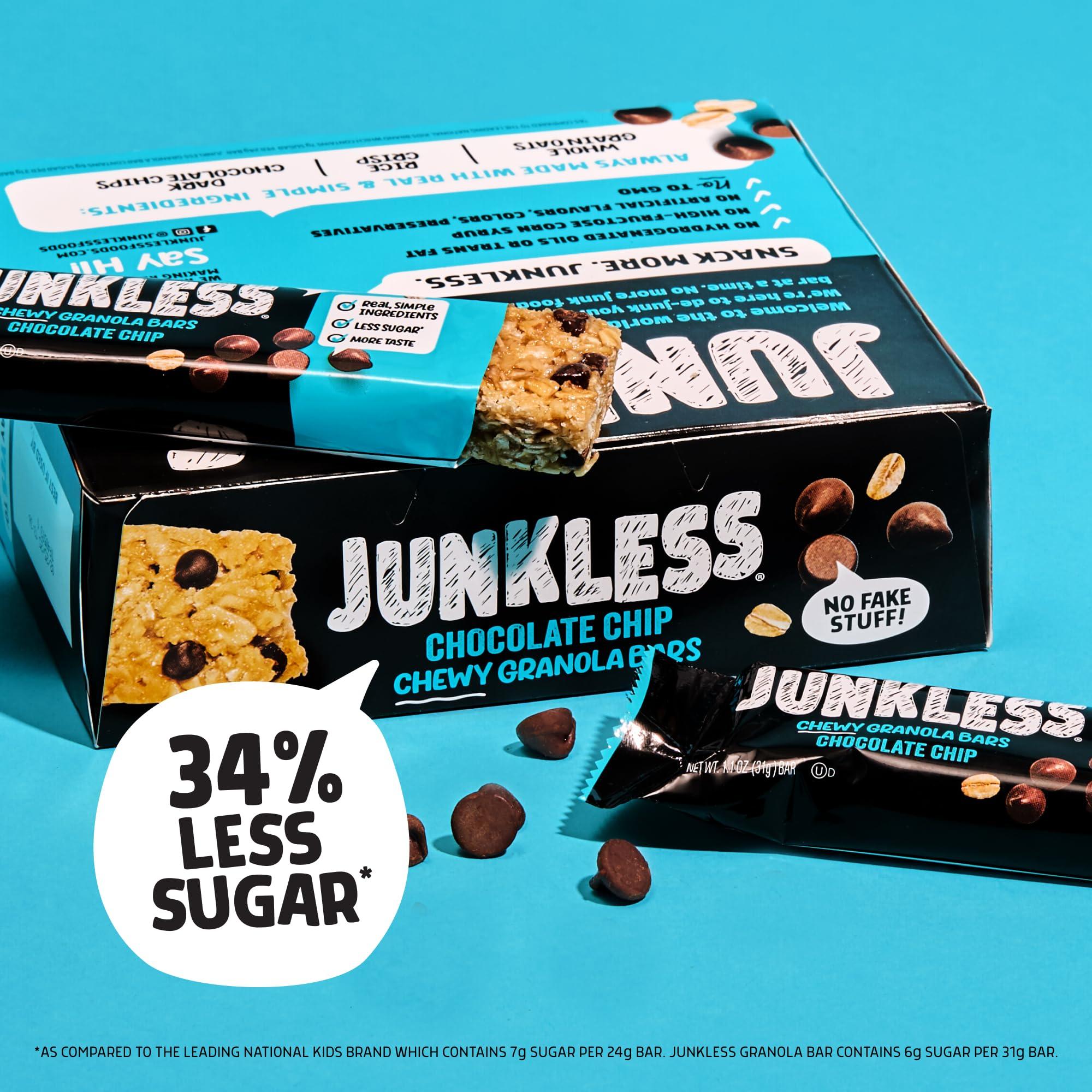 Junkless Junkless Chocolate Chip Chewy Granola Bars - Less Sugar, Great Tasting, Wholesome Snacks - Bulk Granola Bars - 1.1 oz. Bars, 24 Pack