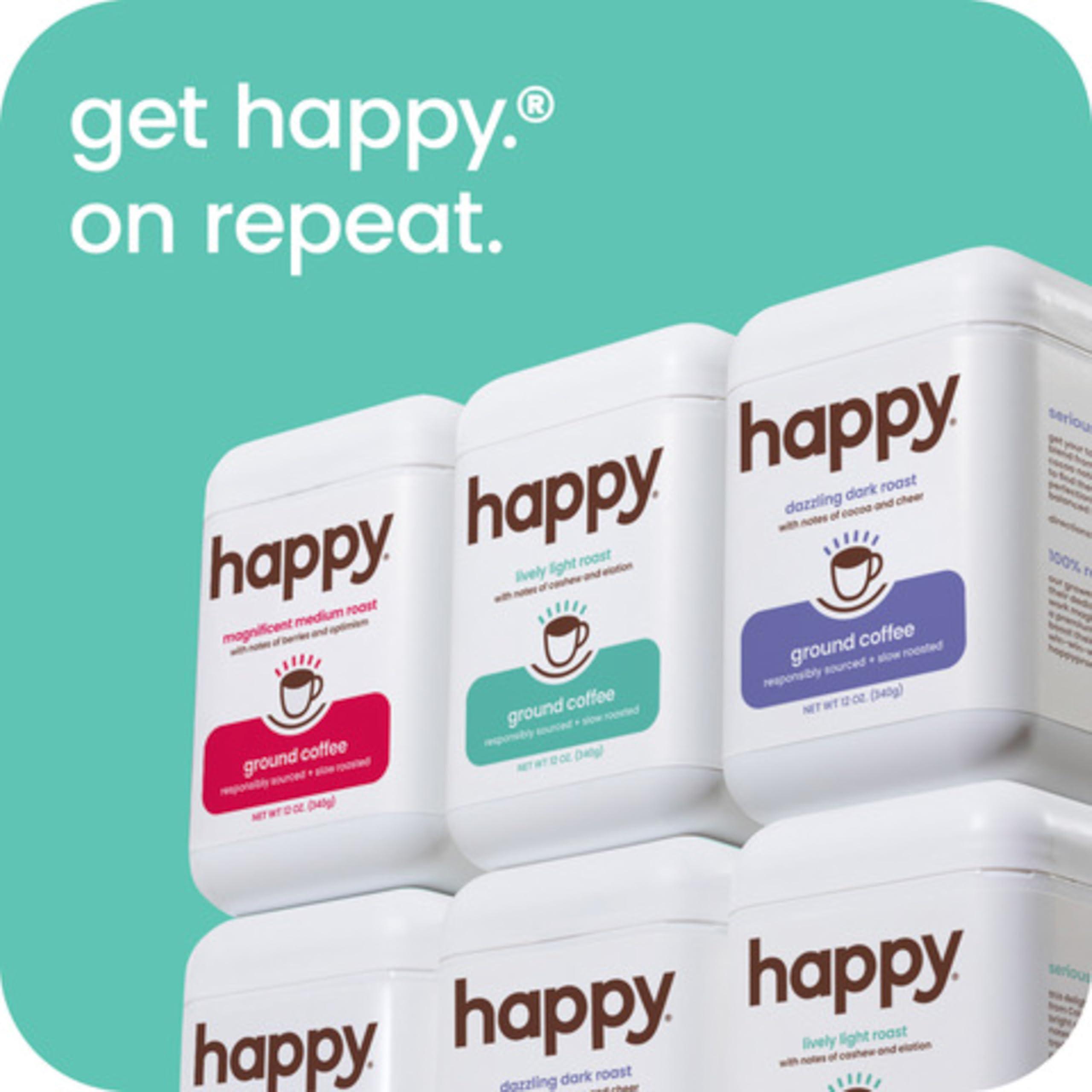 We Are Happy, LLC happy coffee light roast ground coffee, 12 oz., notes of cashew & elation, recyclable container, grown & harvested in Colombia, Brazil & Guatemala