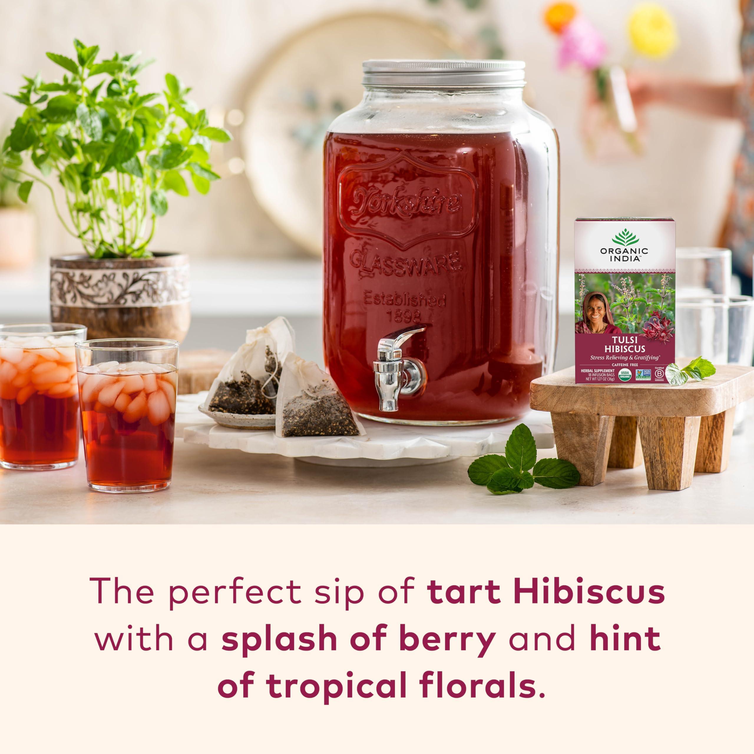 ORGANIC INDIA ORGANIC INDIA Tulsi Hibiscus Tea Bags - Holy Basil Herbal Tea, Stress Relieving, Immune Support, Adaptogen, USDA Certified Organic, Non-GMO, Calming, Caffeine-Free - 18 Infusion Bags, 1 Pack