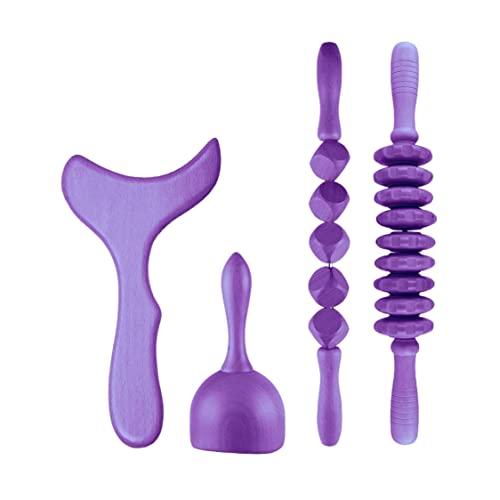 Lashicorn Lashicorn Wood Therapy Massage Tools 4 Piece Set | Hot Pink Tools | Maderoterapia Kit, Wood Therapy Massage Tools, Cube Roller, Lymphatic Drainage Massager, Engraved Massage Roller | Purple