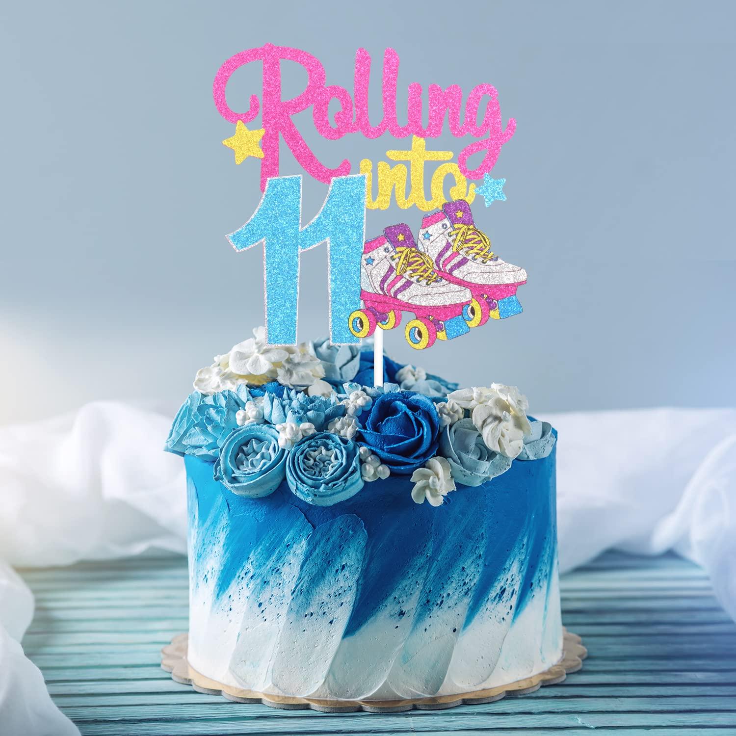 Caiwowo Rolling Into 11 Roller Skating Happy Birthday Cake Topper - 90's Throwback Girl's 11th Birthday Party Cake Topper Supplies - Roller Skating Party Supplies For Girls