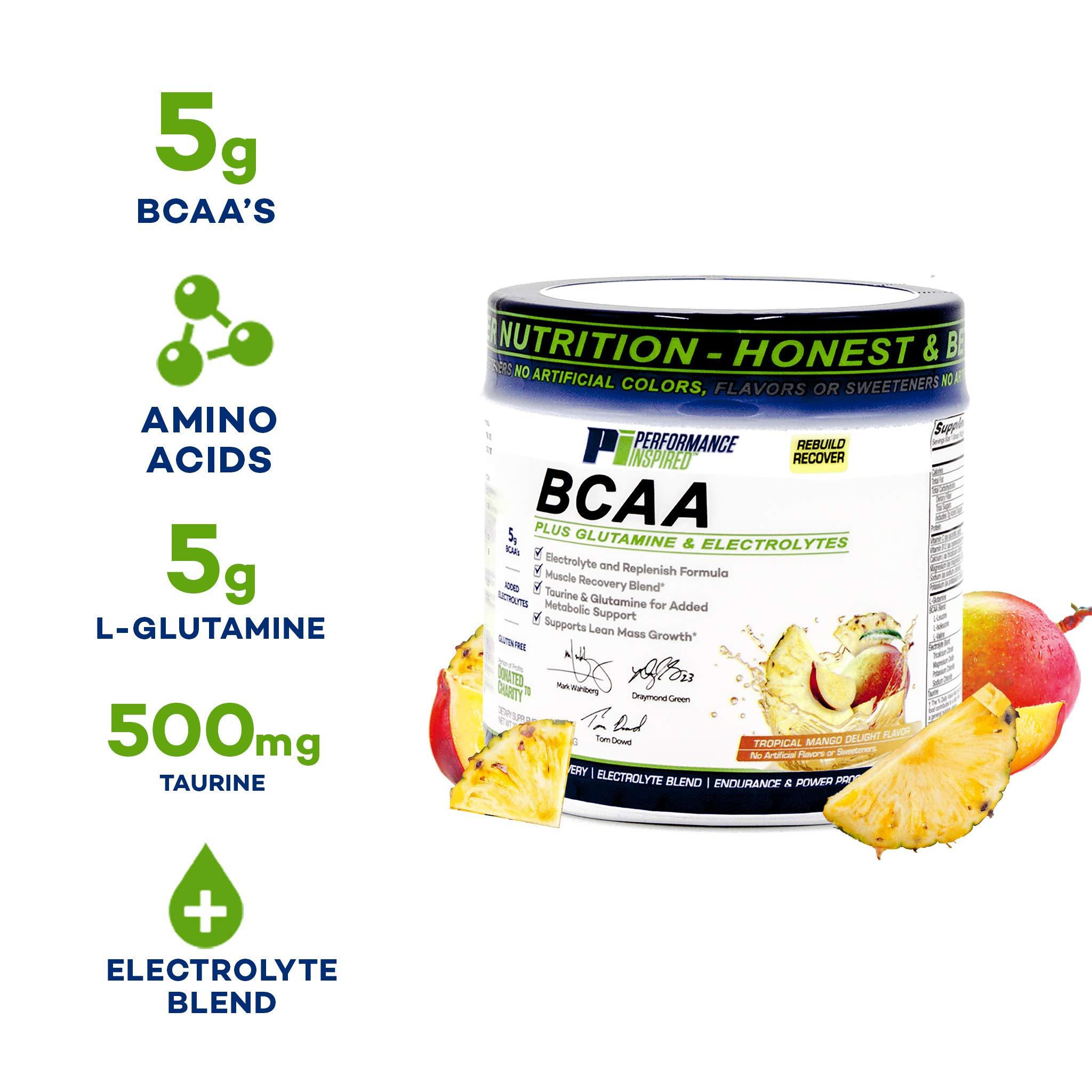 PERFORMANCE INSPIRED PERFORMANCE INSPIRED Nutrition BCAA Powder  5G BCAA with Electrolytes, Taurine & Glutamine  All-Natural Recovery & Clean Formula  Tropical Mango Delight  1.46 lb