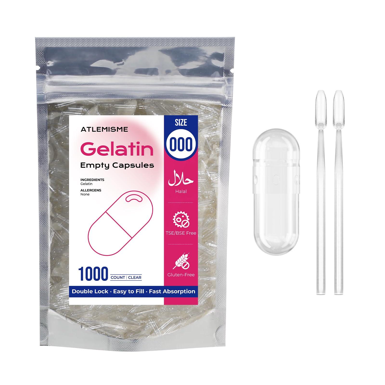 ATLEMISME ATLEMISME Empty Gelatin Capsules Size 000 - Gelatin Capsules Empty (1000 Count) Empty Capsules DIY Gelatin Capsule Filling - Gel Capsules Empty Caps with 2 Micro Lab Spoons for Capsule Filling