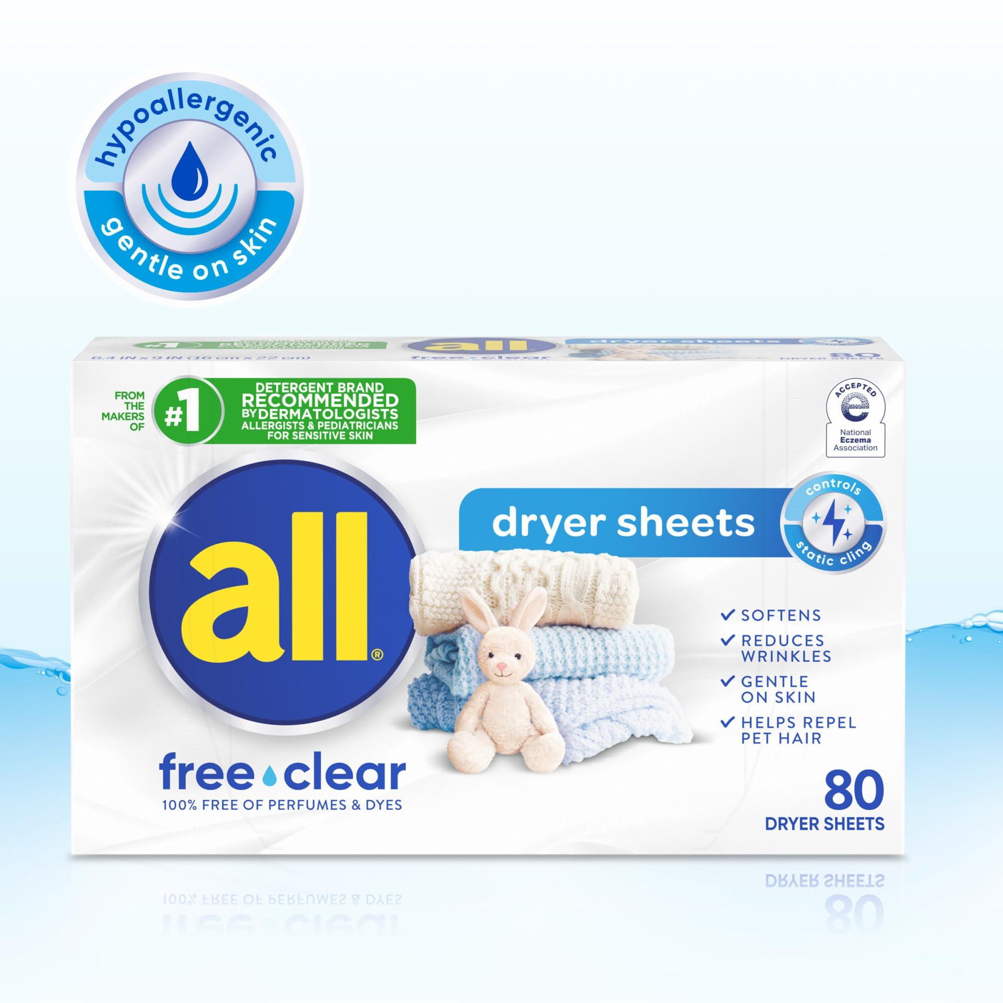 all all Fabric Softener Dryer Sheets for Sensitive Skin, Free Clear, 80 Count