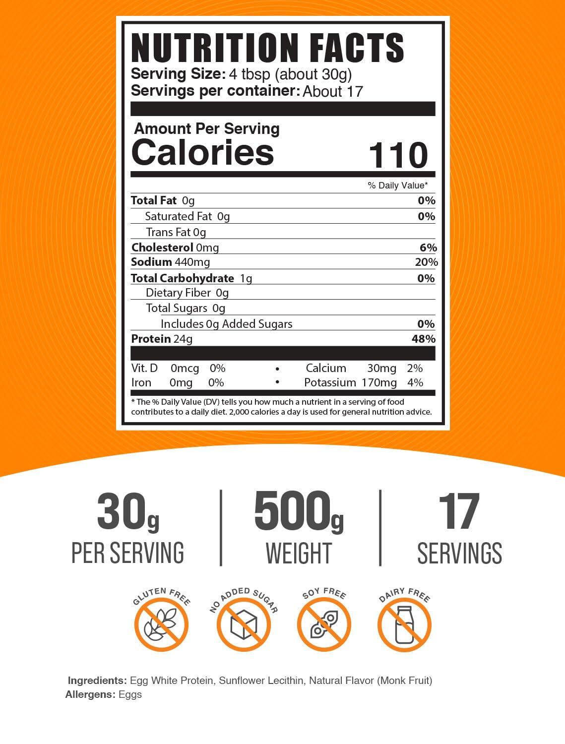 BulkSupplements BulkSupplements.com Egg White Protein Powder - Egg White Powder, Lactose Free & Dairy Free Protein Powder - Unflavored & Gluten Free, 30g per Serving, 500g (1.1 lbs) (Pack of 1)