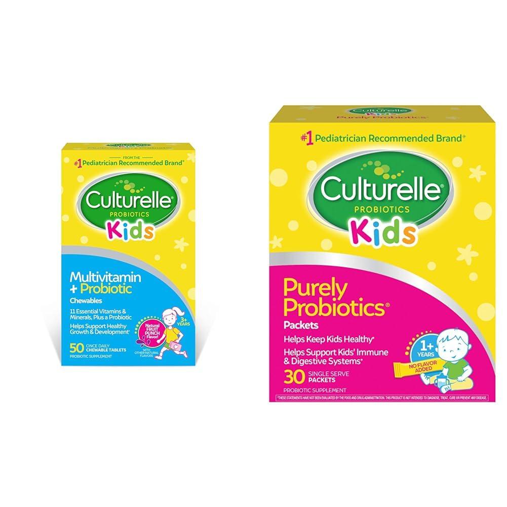 Culturelle Culturelle Kids Complete Chewable Multivitamin + Probiotic, 50 Count & Daily Probiotic 30 Packets - Pediatrician Recommended Probiotics for Kids Digestive & Immune Health