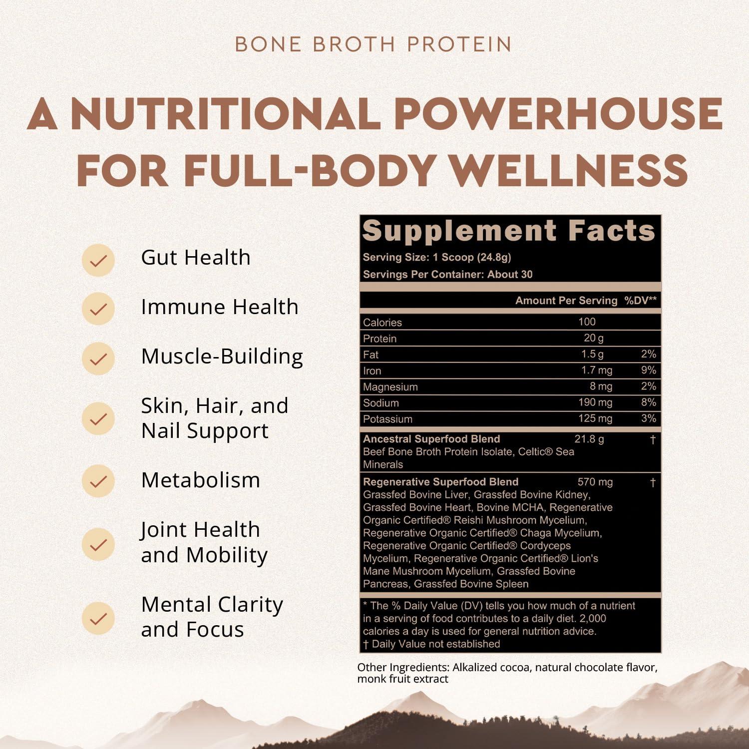 Ancestral Supplements Ancestral Supplements Grass Fed Protein Powder, Chocolate, Beef Bone Broth Based w/Beef Organs & Organic Mushrooms, Gut Health Support, High Protein Supplement, 20g Protein Per Serving, 30 Day Supply