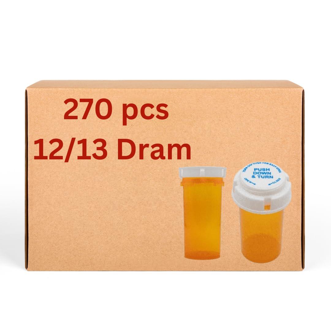The Plastic Lab 12 Dram Plastic Pill Bottles with Child-Resistant Cap (pack of 275 bottles) , Amber Reversible Cap Prescription Vials , Plastic Medicine Containers, Push Down and Turn - Airtight Pharmacy Pill Bottles