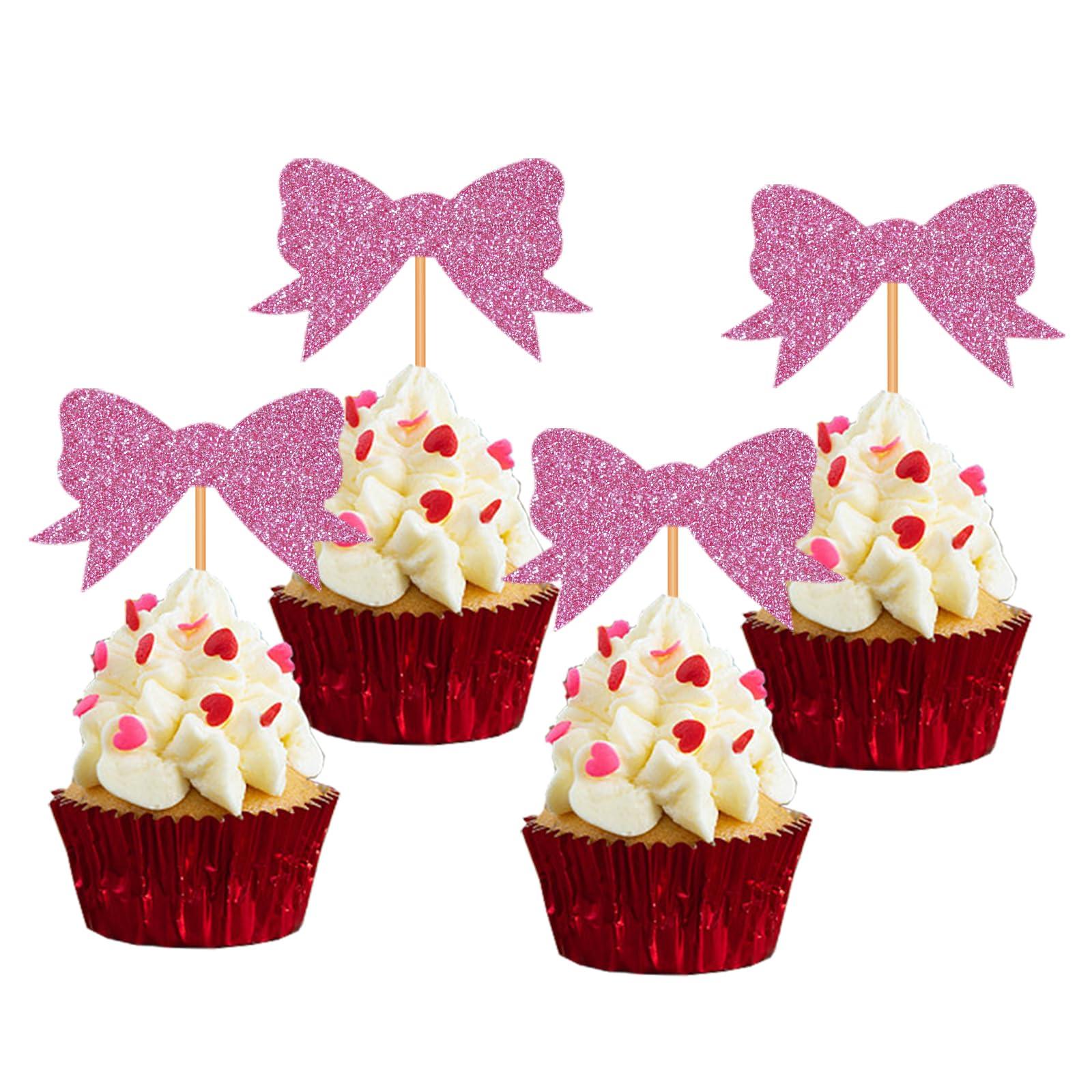Blopee Blopee Cupcake Toppers, Pink Cupcake Toppers for Birthday Party, Princess Cupcake Toppers for Girls Birthday, 12 pcs Bowknot Cupcake Decorations for Bridal Baby Shower Birthday Wedding Themed Party