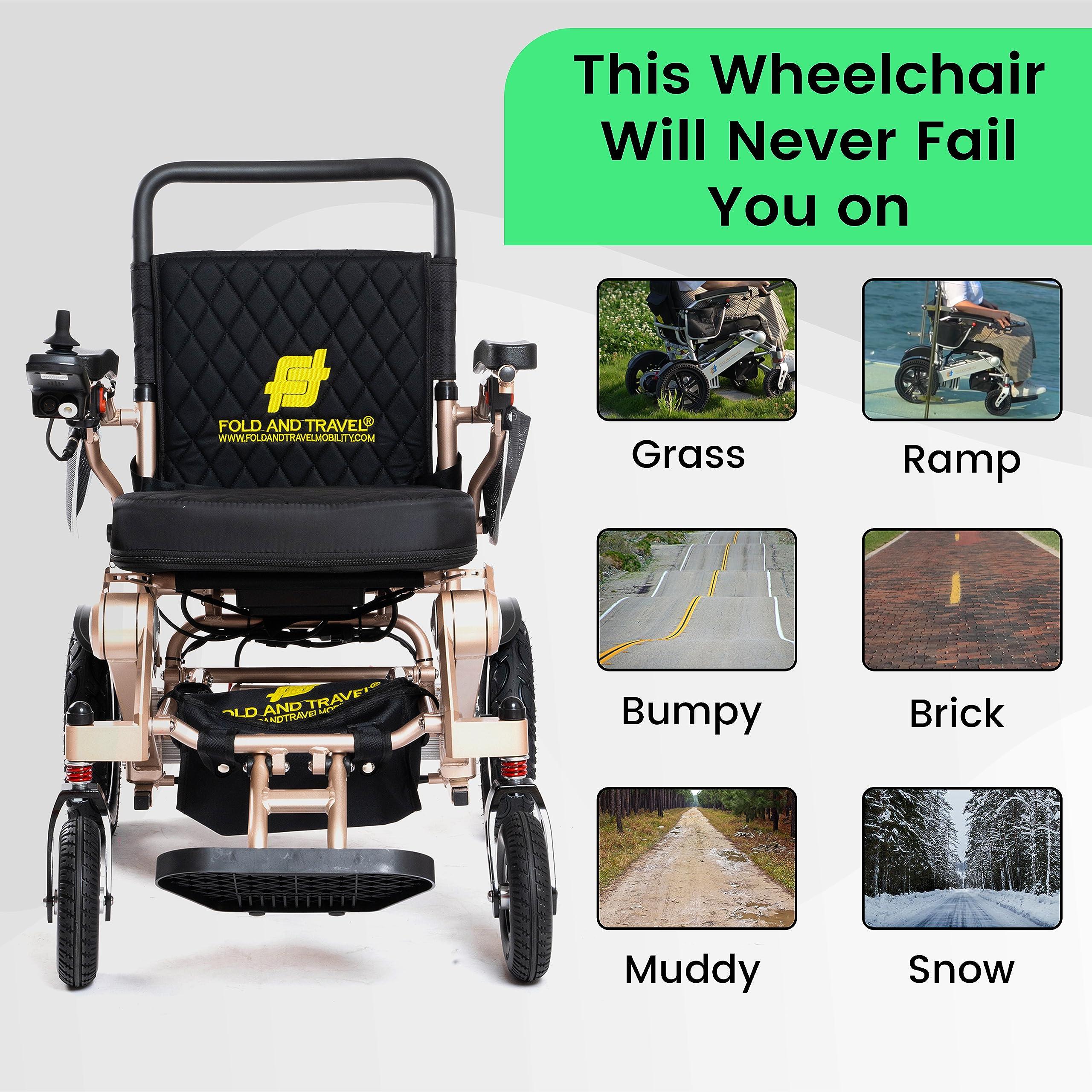 FOLD AND TRAVEL Fold And Travel Long Range Premium Lightweight Foldable Electric Wheelchair Powered Mobility Scooter Wheel chair (BROWN)