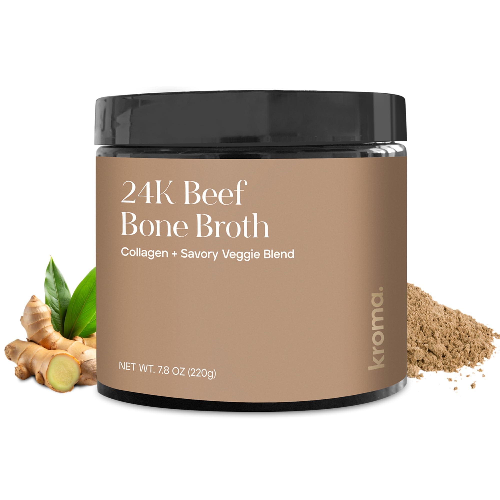 KROMA. Kroma Premium Grass Fed Beef Bone Broth, Dairy & Gluten Free Powder Mix with Collagen, Protein, Turmeric, & other Organic Ingredients, Promotes Gut Health & Healthy Skin, Hair & Nails, 10 Servings