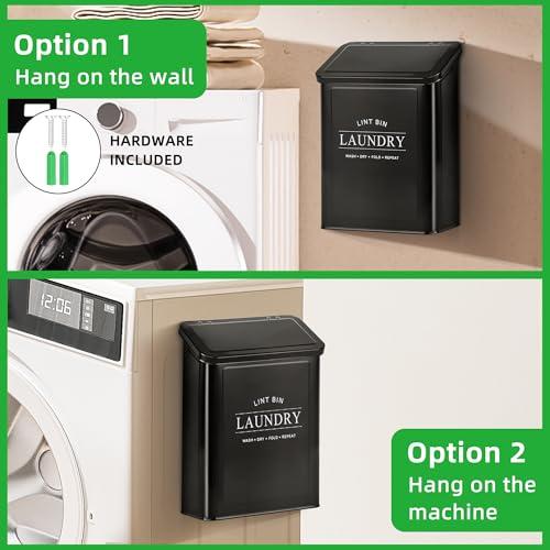 Candco Candco Magnetic Lint Bin for Laundry Room, Metal Lint Trash Can with Lid and Brush, Wall Mounted Lint Box for Dryer, Farmhouse Laundry Room Decor, Black