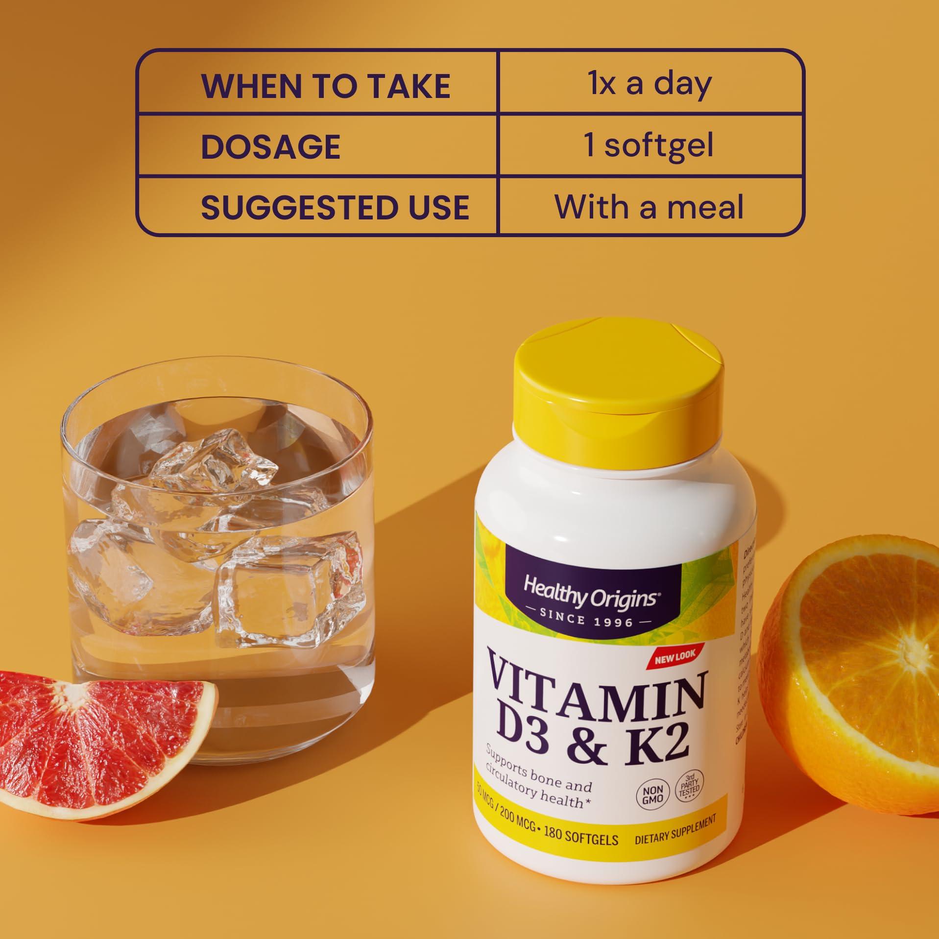 Healthy Origins Healthy Origins Vitamin D3 & K2 - Vitamin D3, 50 mcg - Vitamin K2, 200 mcg - Easily Absorbable Vitamin D & Vitamin K Supplements - Non-GMO & Gluten-Free Supplements - 60 Softgels