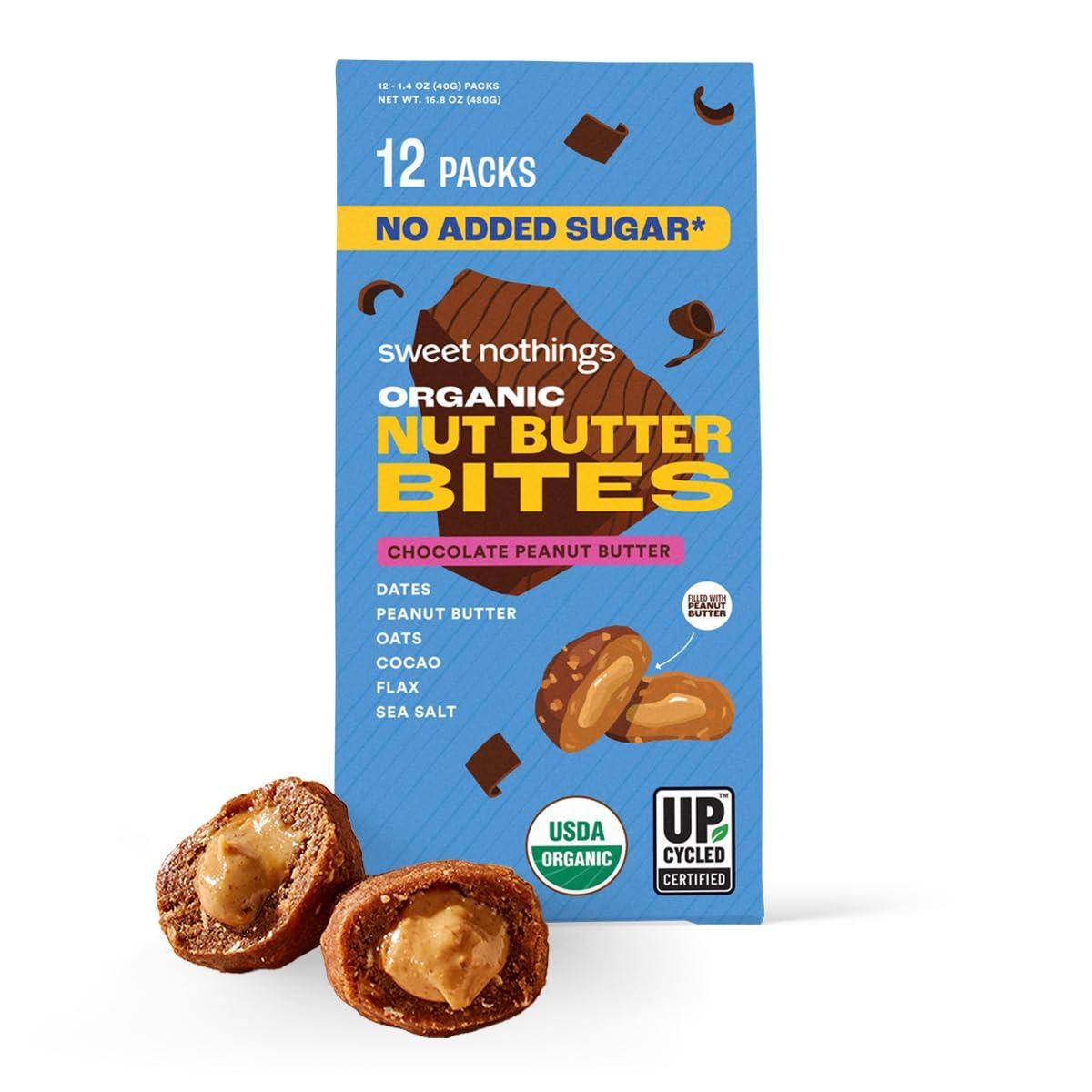 Sweet Nothings Sweet Nothings, Chocolate, USDA Organic Nut Butter Bites Protein Bar, Nut & Date Snack, Filled with Peanut Butter, 12-2 Bite Value Packs - No Added Sugar, Plant Based, Vegan, Only 7 Ingredients