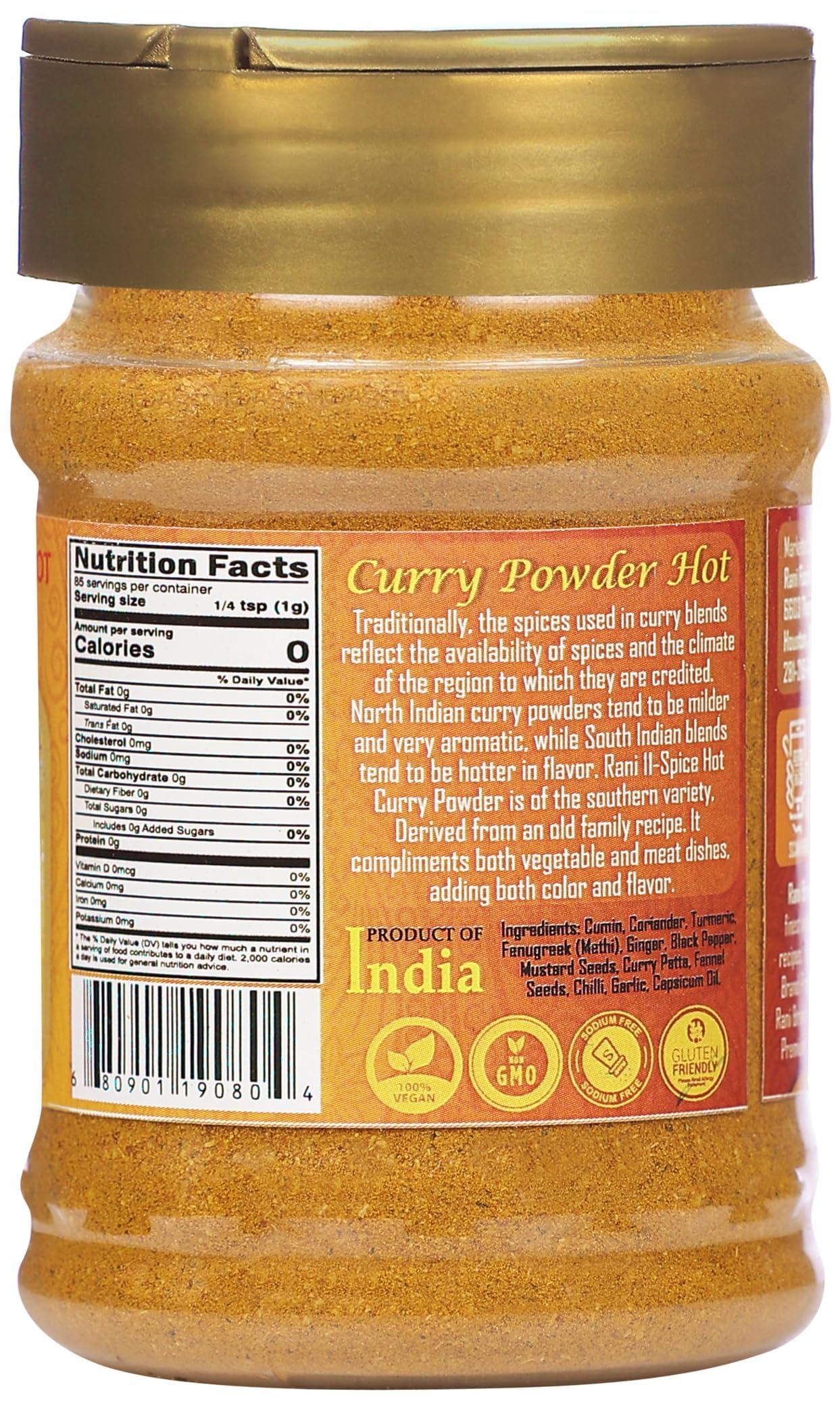 Rani Brand Authentic Indian Products Rani Curry Powder Hot (11-Spice Authentic Indian Blend) 3oz (85g) PET Jar, Pack of 12 ~ All Natural | Salt-Free | Vegan | No Colors | Gluten Friendly | NON-GMO | Kosher | Indian Origin