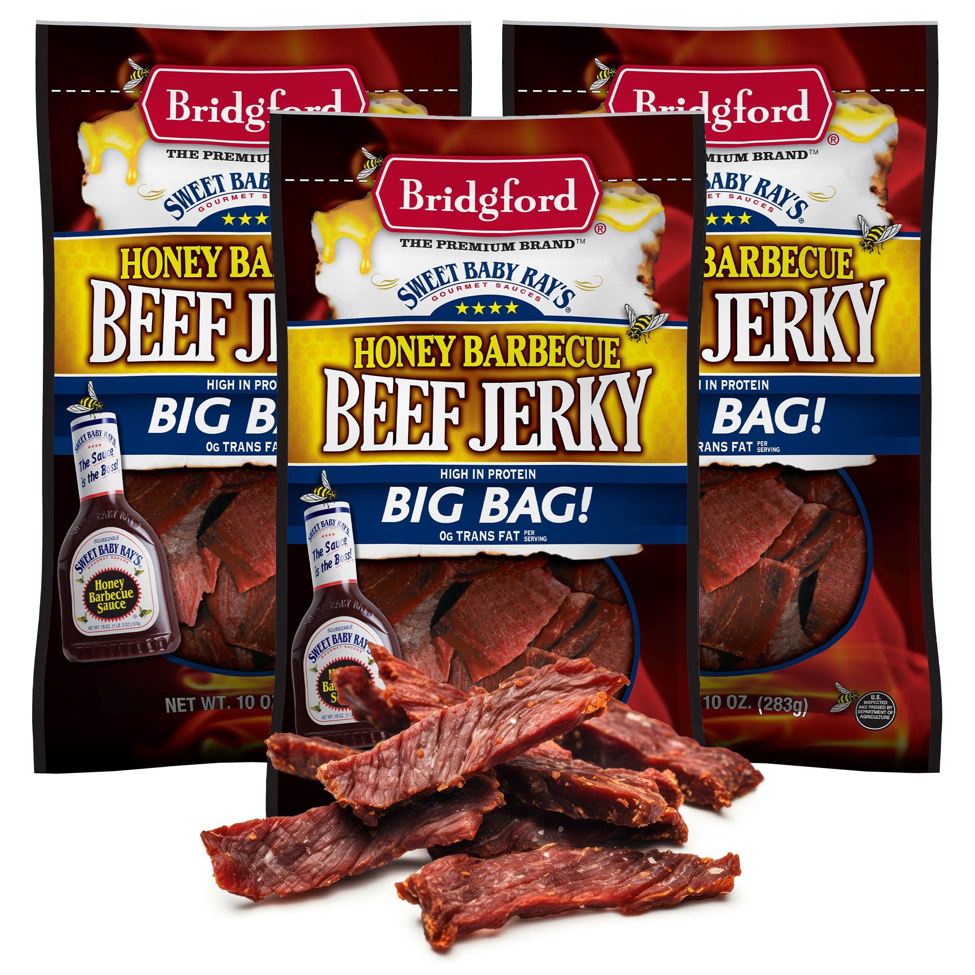Bridgford Bridgford Sweet Baby Rays Beef Jerky Honey BBQ 10 oz Pack of 3 - High Protein Jerky for Midday Energy Boost or Post Workout Snack - Naturally Smoked Ready to Eat Meat Snacks for On the Go Snacking