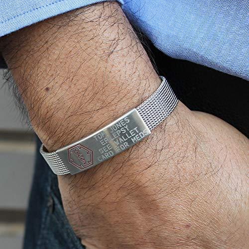 American Medical ID American Medical ID – Sleek Mesh Medical Alert ID Bracelet – Surgical Stainless Steel, Adjustable ID Band Sizing & Clasp, 4 Lines Personalized Engraving Included