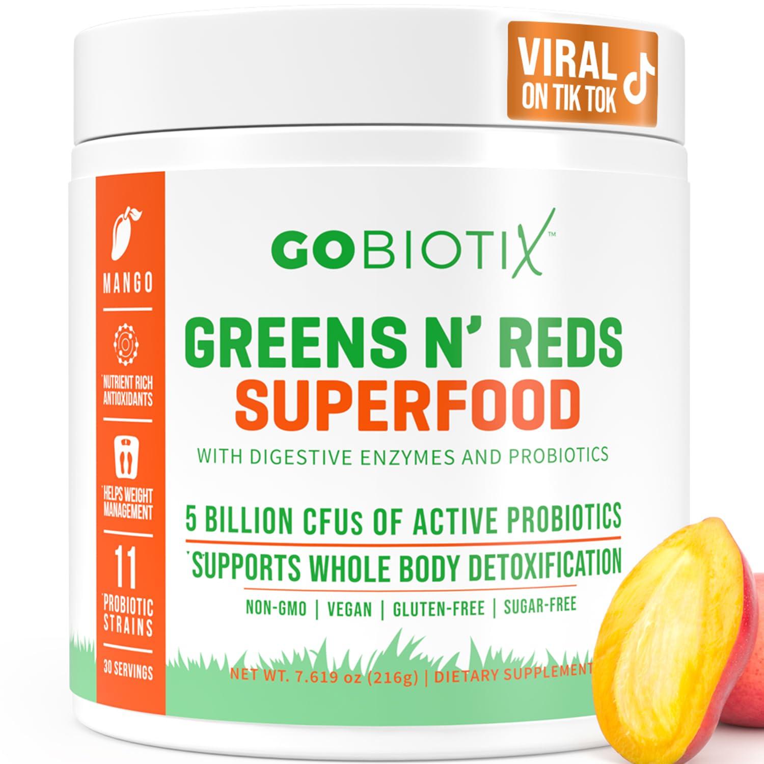 GOBIOTIX GOBIOTIX Super Greens and Reds Powder - Red and Green Superfood - Probiotic Supplement - Digestive Enzymes and Beet Root Powder - Organic Whole Foods Dietary Supplement (Mango, 1 Pack)