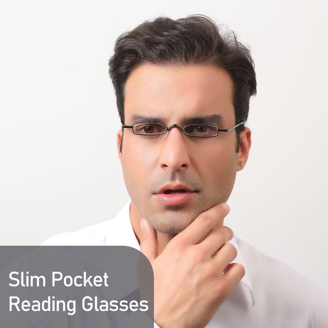 MMOWW Small Reading Glasses Men Women 4 Pairs Slim Pocket Readers with Pen Clip Metal Case Spring Hinge +2.5