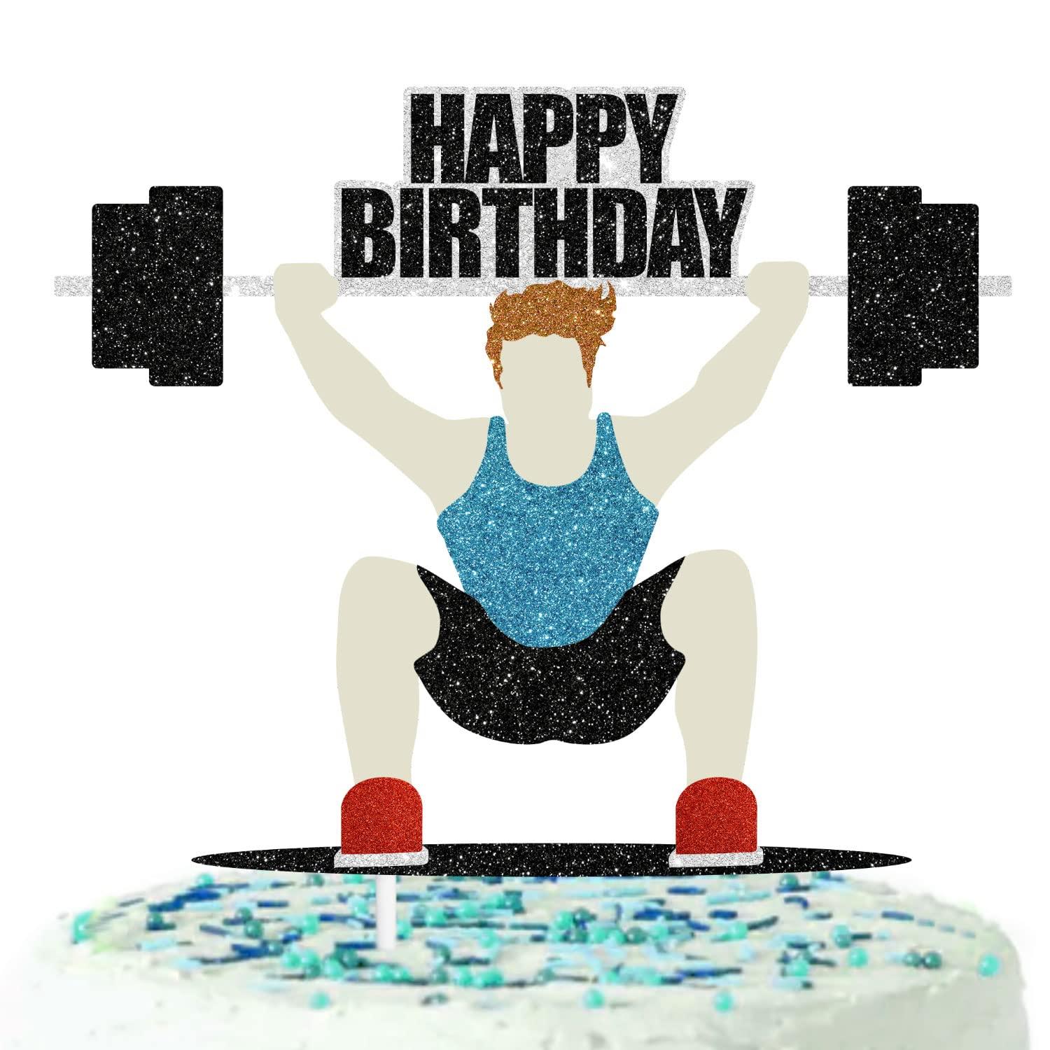 SugarGera Happy Birthday Weightlifter Cake Topper- Fitness Theme Party, Athlete Theme Birthday Party Weightlifting Decoration -SugarGera