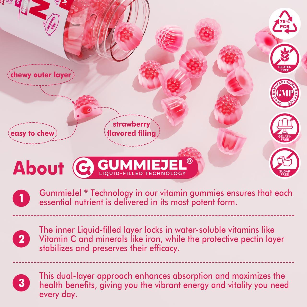 NextDia Iron Bisglycinate 26mg Filled Gummies - Gentle Beet Root Iron Gummy plus Vitamin C, Supplement Iron with B12 & Folate for Women & Men, Iron Deficiency, Immune & Energy Support, Sugar-Free, Vegan,60Cts