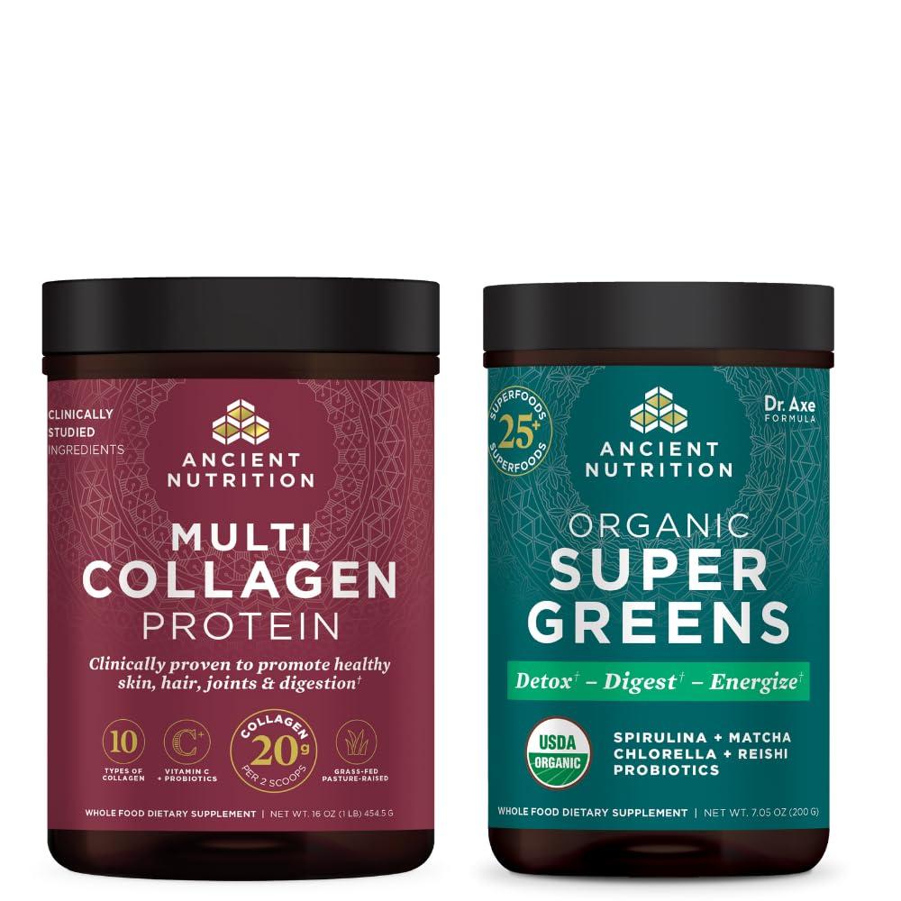 Ancient Nutrition Ancient Nutrition Organic SuperGreens Powder, 25 Servings + Multi Collagen Protein Powder, Unflavored, 45 Servings