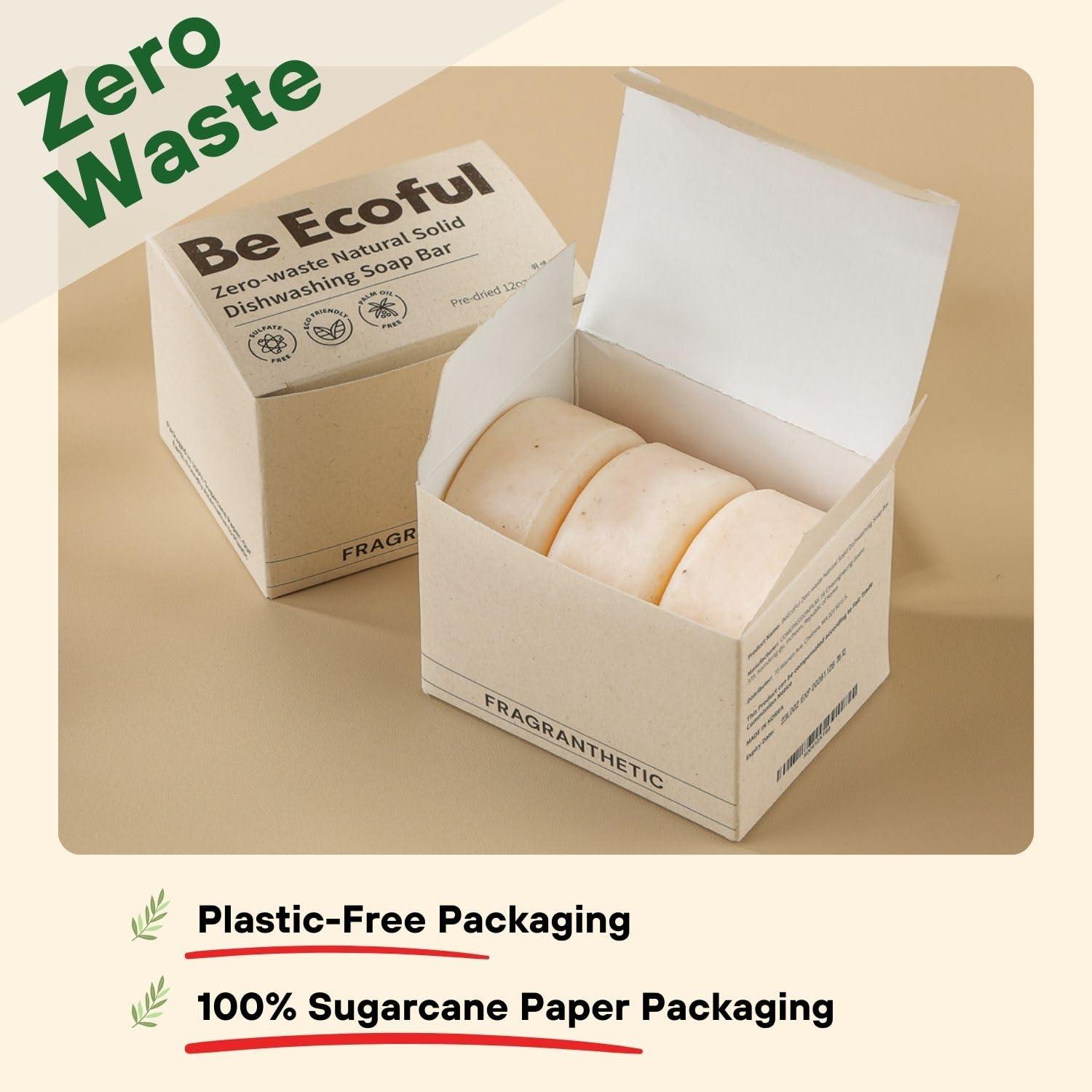 Fragranthetic BeEcoful Zero Waste Natural Dish Soap Bar (Pack of 3) - Vegan Dishwashing Block, Eco-friendly with Plastic-Free Packaging, Sustainable Organic Ingredients