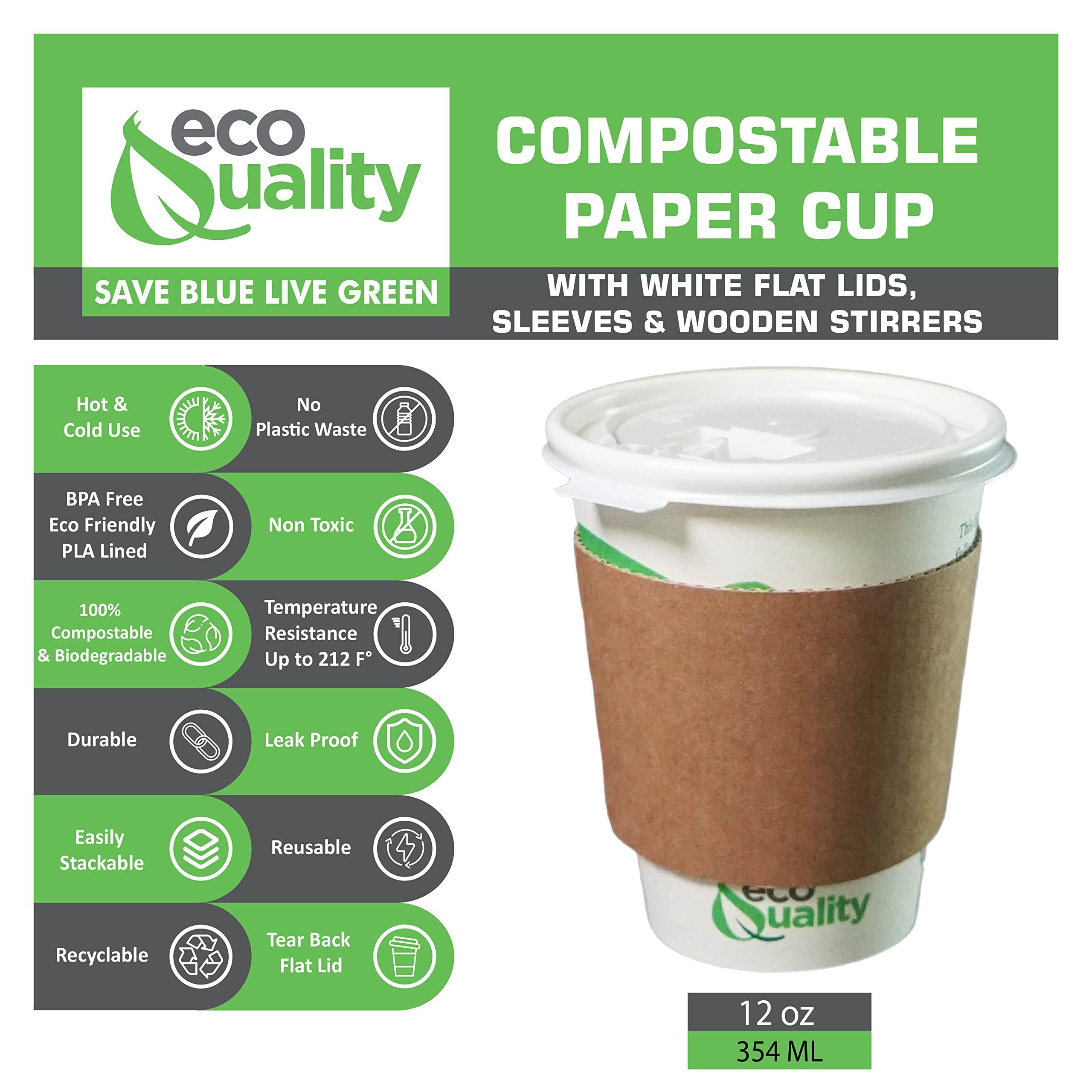 EcoQuality 12 oz Compostable Paper Cups with White Flat Lids, Sleeves and Wooden Stirrers - Biodegradable Disposable White Paper Coffee Cups PLA Lined - Eco-friendly Hot and Cold Drinking Cups (1000)