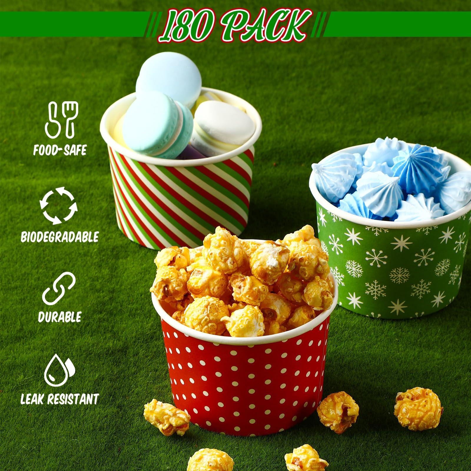Potchen Potchen 9 oz Christmas Paper Ice Cream Cups Xmas Disposable Dessert Bowls Snack Cups Soup Cups Polka Dot Snowflake Striped Paper Bowls for Hot or Cold Food Christmas Party Supplies(180 Pcs)