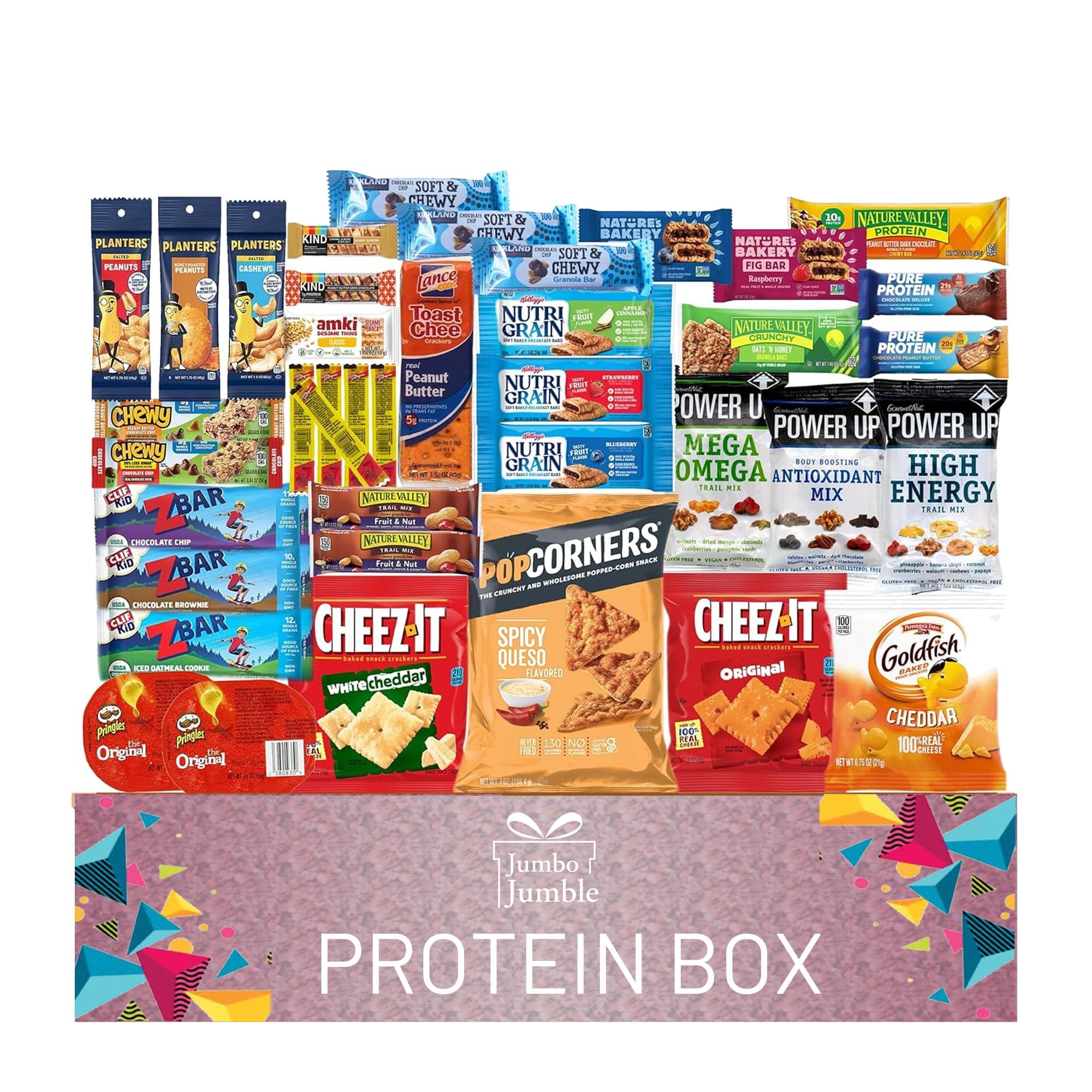 JUMBO JUMBLE Jumbo Jumble Snack Box (40 Count) Protein Gift Care Package Snacks Variety Pack for Adults Teens Kids Men Women College Office Birthday (Protein Set)