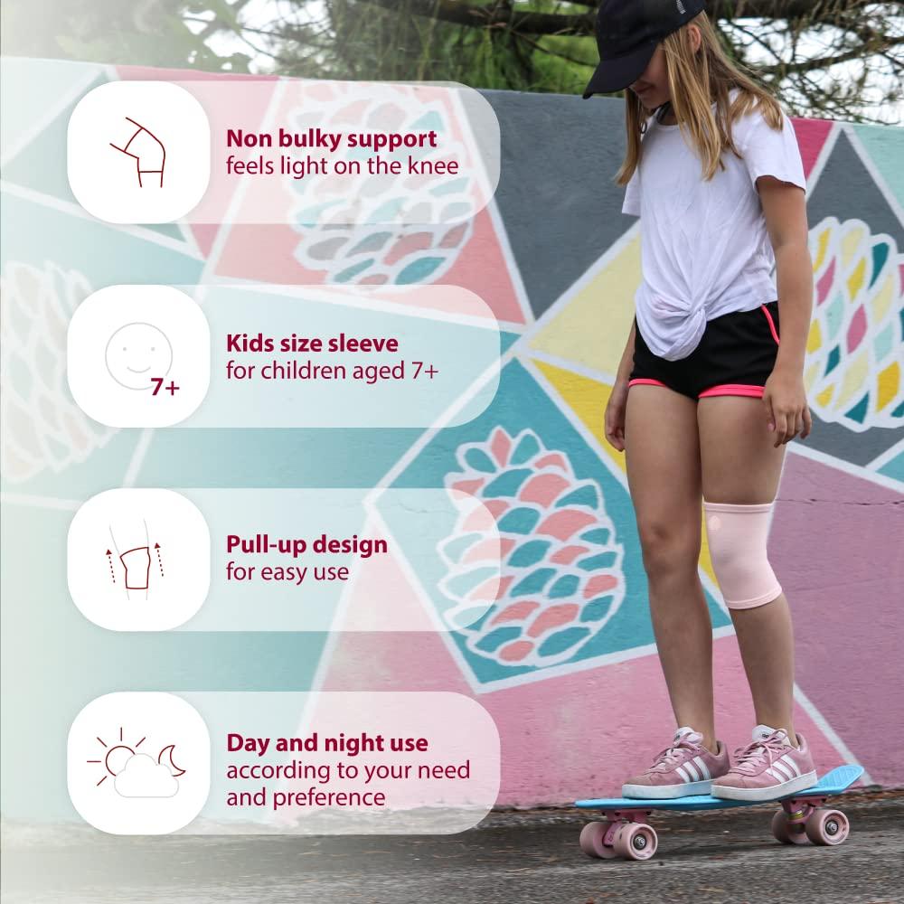 KARM KARM Kids Knee Brace Sleeve - Youth Knee Compression Sleeve for Kids, Child - Support for Pain, Sports, Football, Basketball, Gymnastics, Recovery, Boys & Girls (Light Pink)