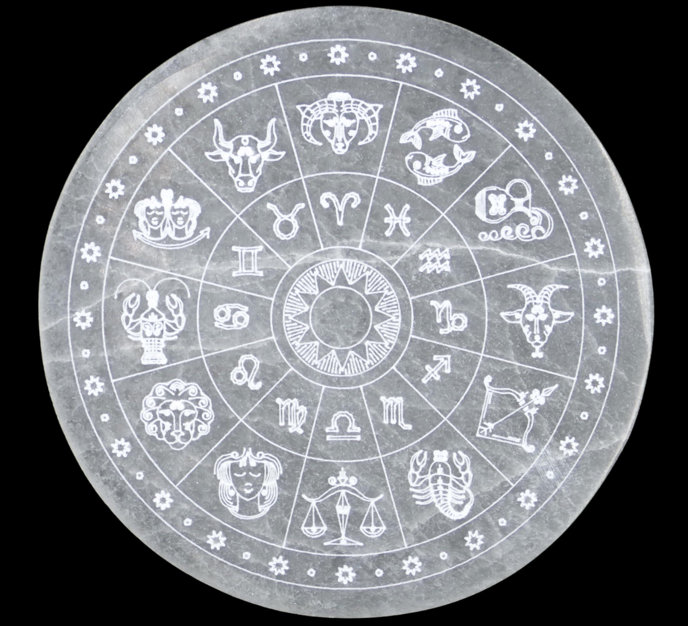 Xen Minerals Xen Minerals Selenite Disk with Zodiac Engraving Crystal Jewelry Charging Plate Tray Coaster Stone, scrying Plates Board for Stones, Crystals Hecate Altar grids and Healing Wicca Slab Wiccan Plate