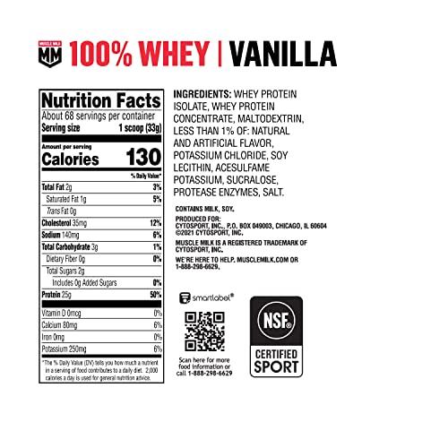 Muscle Milk Muscle Milk 100% Whey Protein Powder, Vanilla, 5 Pound, 66 Servings, 25g Protein, 2g Sugar, Low in Fat, NSF Certified for Sport, Energizing Snack, Workout Recovery, Packaging May Vary