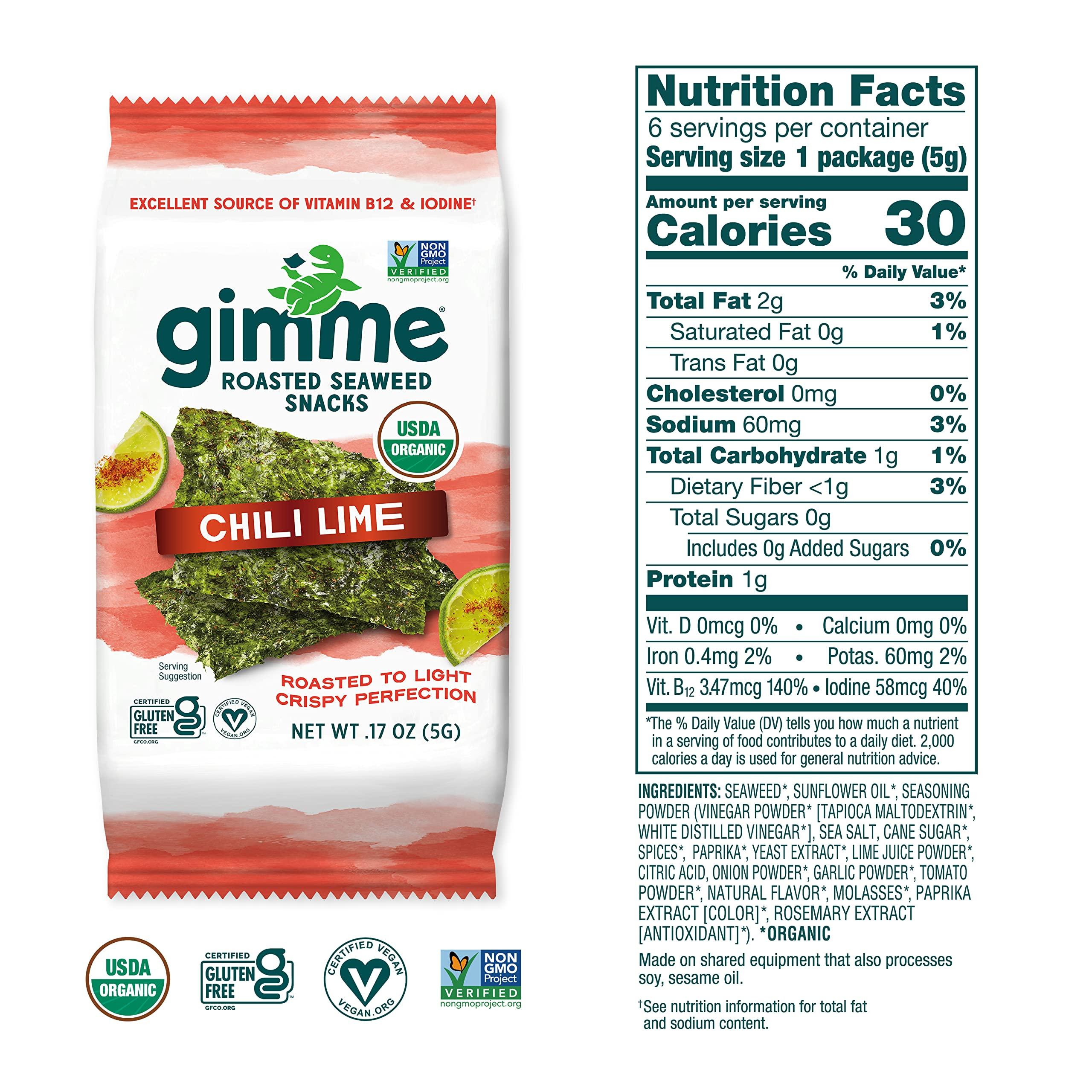 gimMe Gimme Seaweed Organic Premium Roasted Seaweed Snacks, Chili Lime, 6 Count, Keto, Vegan, Gluten-Free, Great Source of Omega3s and Iodine, Healthy On-The-Go Snack for Kids and Adults