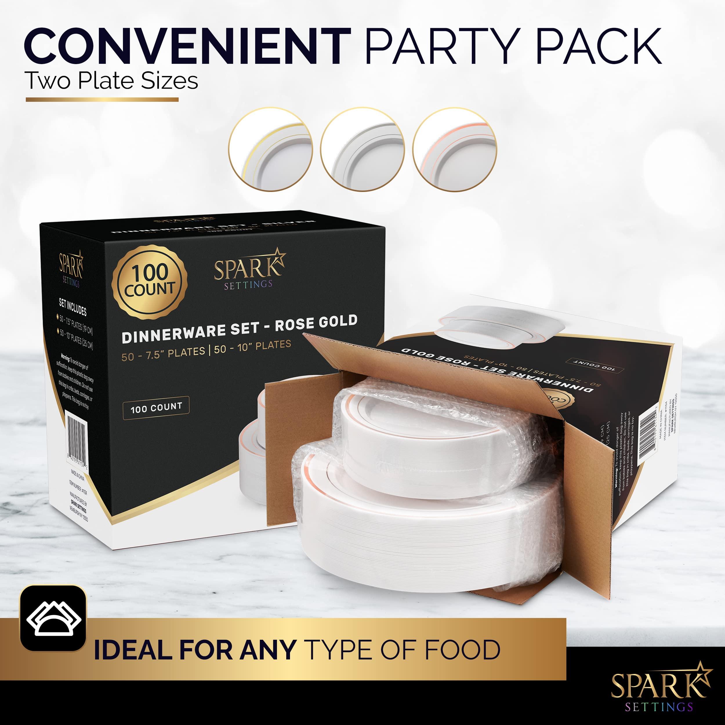 SparkSettings SparkSettings Rose Gold Plastic Plates For Party, 100 Pack Plastic Plates Disposable Wedding Plates 50 Elegant 10.25 Dinner Plates & 50 Sturdy 7.5 Dessert Party Plates Disposable Plates For Party