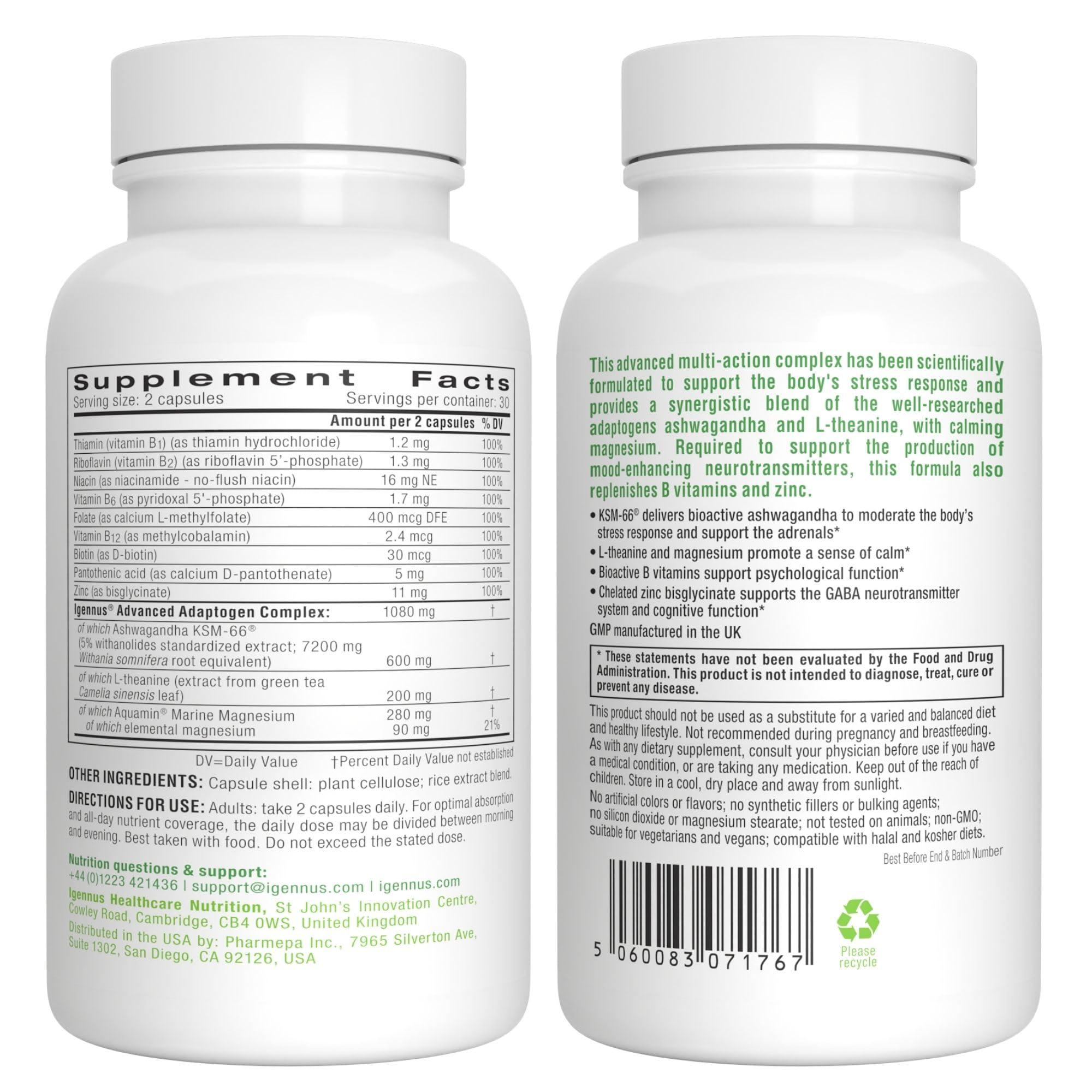 Igennus Healthcare Nutrition Igennus Advanced Ashwagandha KSM-66, L-Theanine & Magnesium, Clean Label, Multi Action Adaptogen Complex for Stress Support with Zinc & B Vitamins, 360 Vegan Capsules