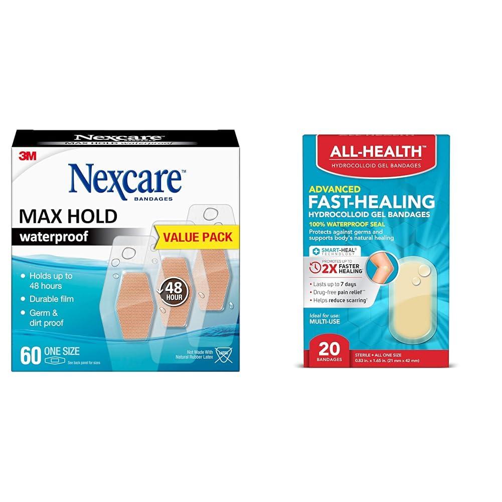 Nexcare Nexcare Max Hold 60 Pack Waterproof Bandages Bundle with All Health Advanced Fast Healing Hydrocolloid Gel Bandages 20 Count