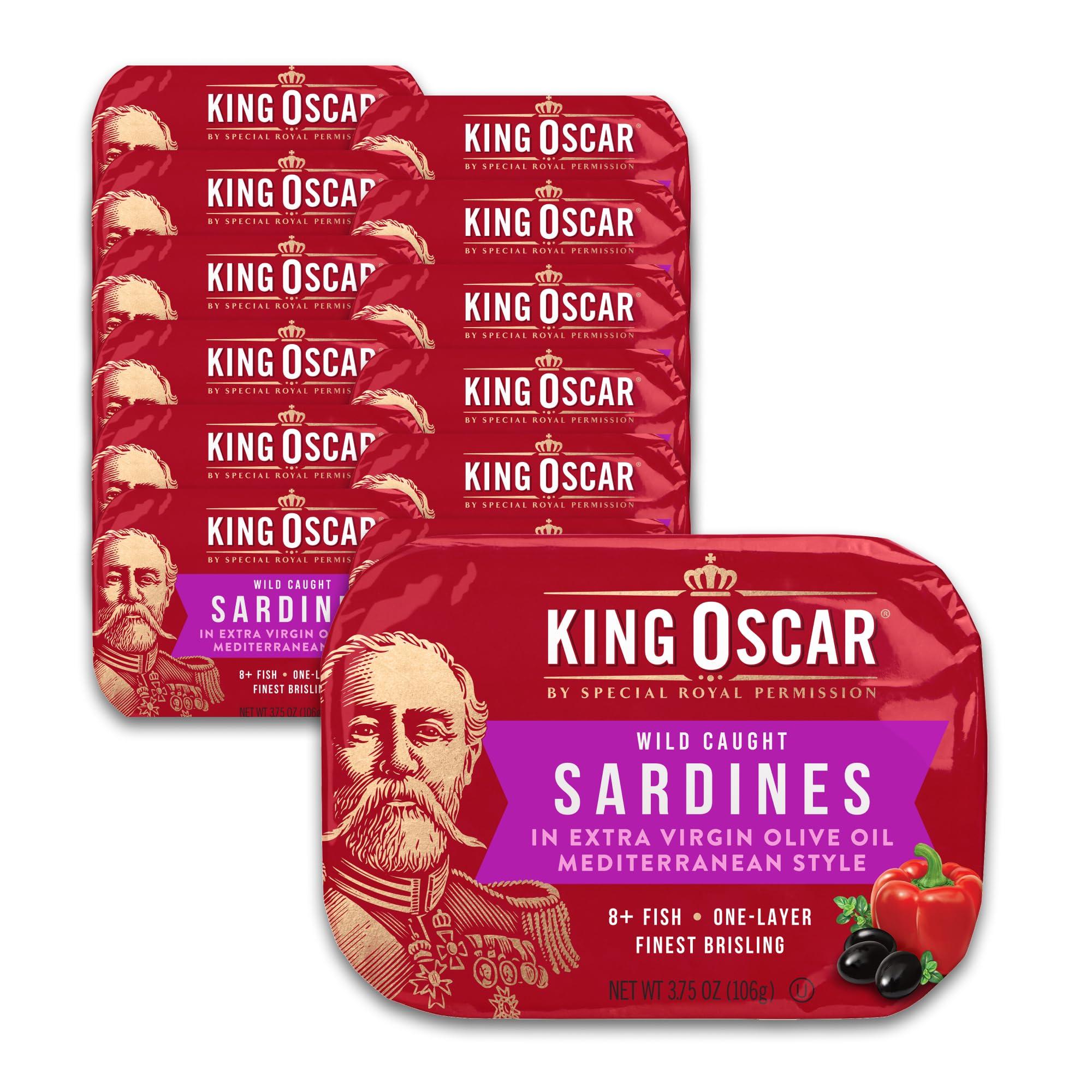 King Oscar King Oscar Premium Sardines in Extra Virgin Olive Oil, Mediterranean Style, 3.75 Ounce Cans (Pack of 12), Wild Caught Sardines