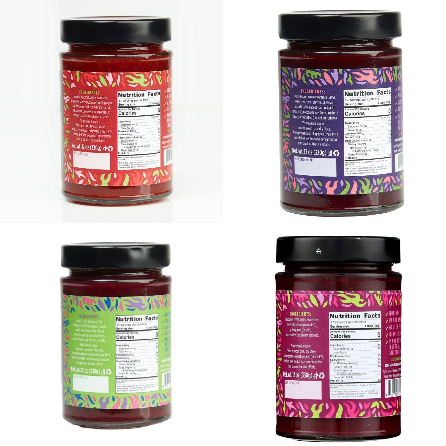 Good Good GOOD GOOD No Added Sugar Fruit Jam Variety Pack of 4 - Keto Friendly Jelly - Strawberry, Concord Grape, Forest Fruits and Raspberry Jam - Low Carb, Low-Calorie and Vegan - 12oz / 330g Jars