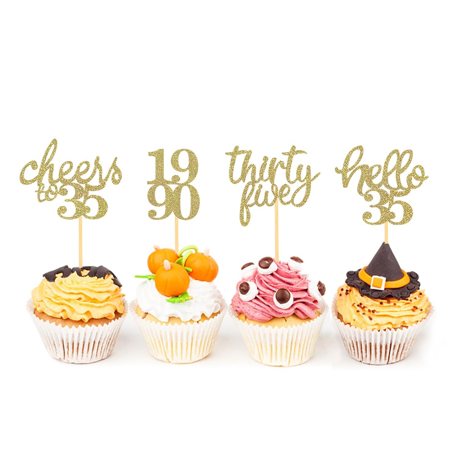 Moitkptt 24Pcs Glitter 35th Birthday Cupcake Toppers, Hello 35th Birthday Cake Topper- 35th Birthday Decorations for Celebrating Thirty-Five Years Old Birthday Party (Gold)