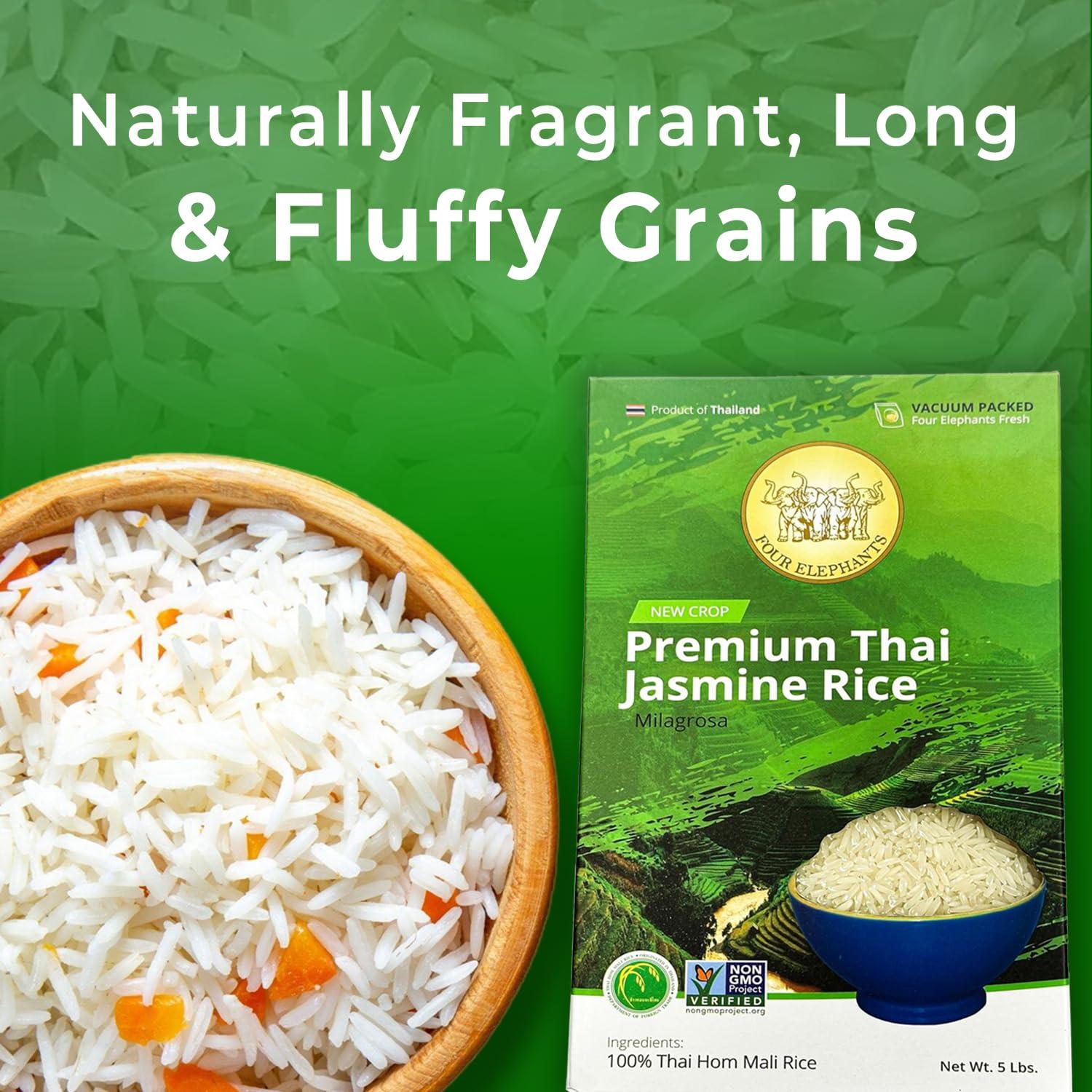 Four Elephants 5 Pounds (LBS) Premium Thai Hom Mali Jasmine Rice | Endorsed By Pro Chefs | Four Elephants Brand | DIY Friendly Cooking Instructions Packaging