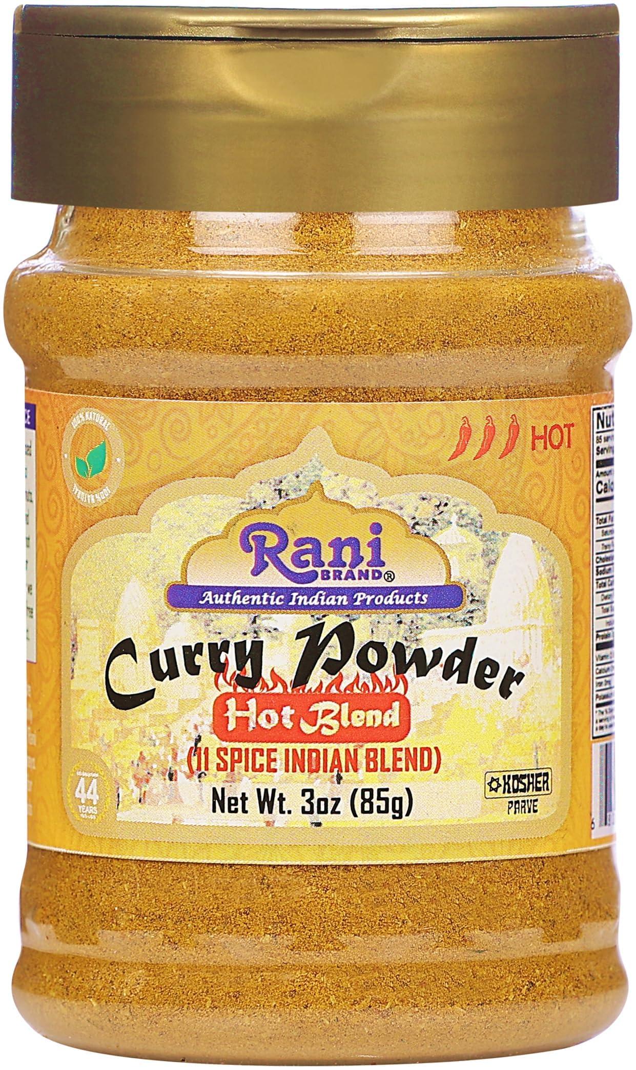 Rani Brand Authentic Indian Products Rani Curry Powder Hot (11-Spice Authentic Indian Blend) 3oz (85g) PET Jar, Pack of 12 ~ All Natural | Salt-Free | Vegan | No Colors | Gluten Friendly | NON-GMO | Kosher | Indian Origin