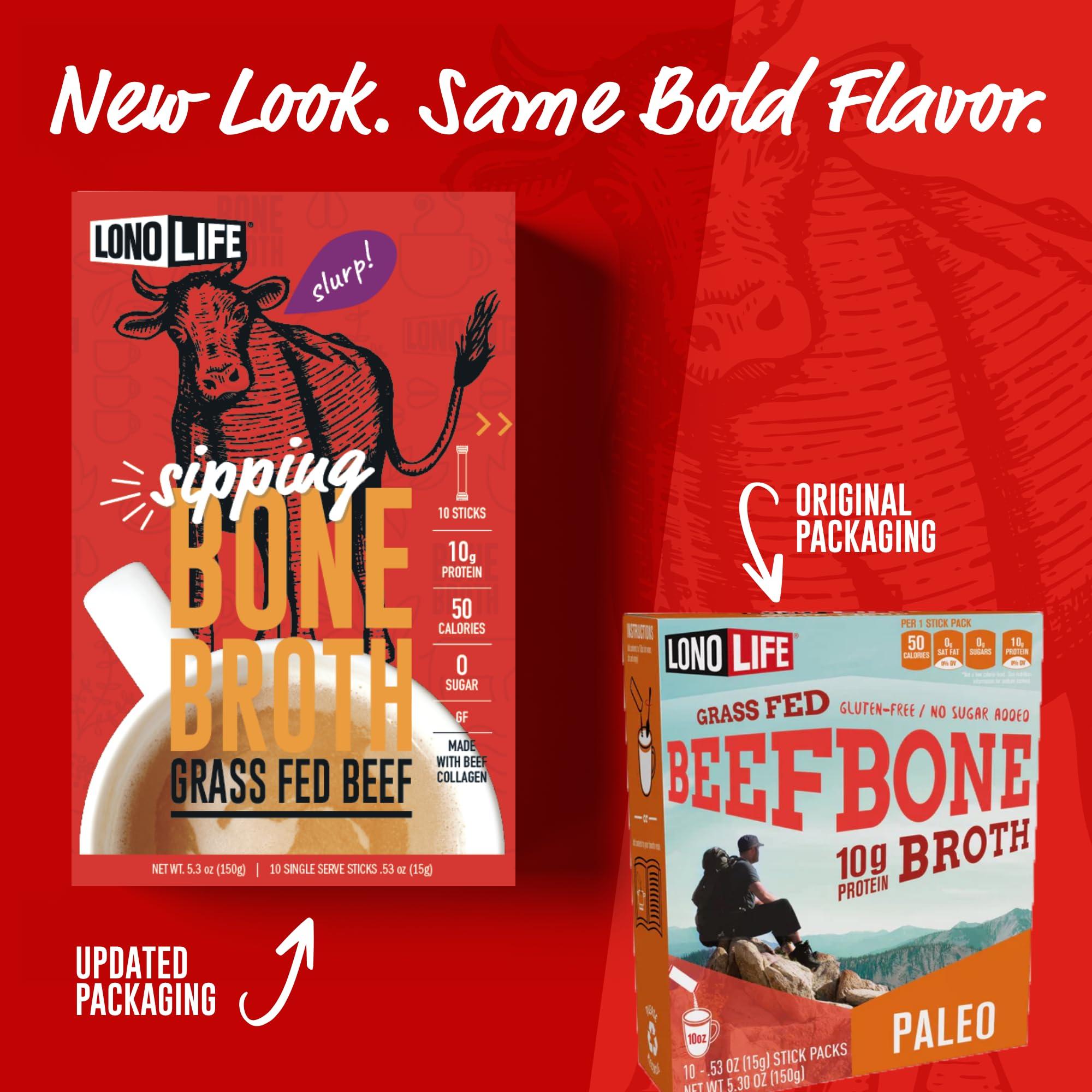 LONOLIFE LonoLife Beef Bone Broth Powder Mix | Grass-Fed, 10g Protein | Collagen-Rich, Keto & Paleo Friendly | Natural Ingredients | 10 Portable Stick Pack Servings