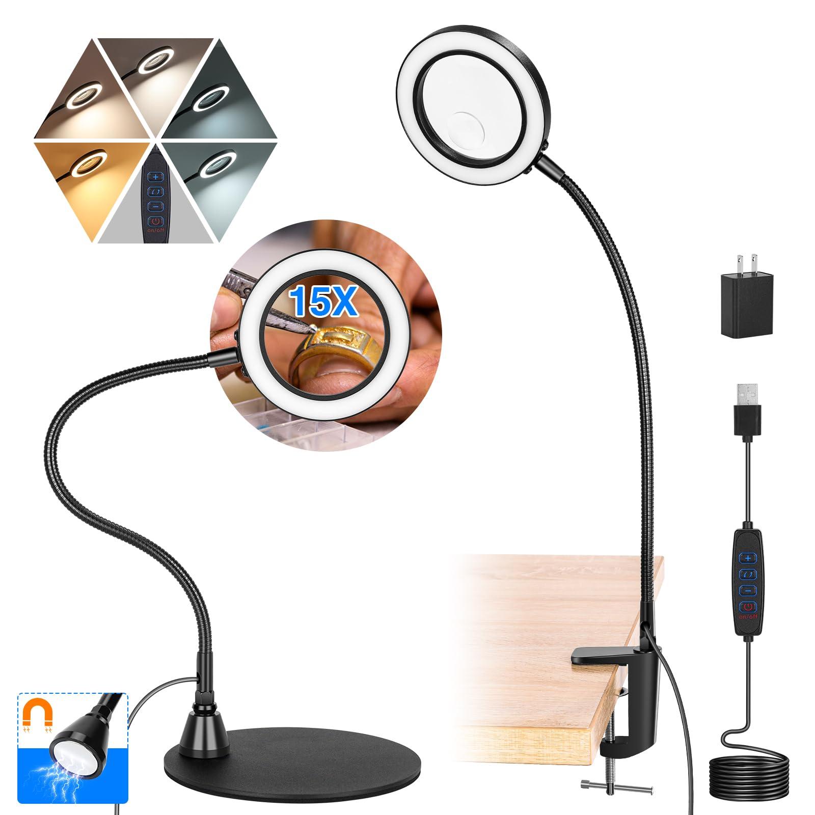 ARNVCS ARNVCS 15X Magnifying Glass with Light and Stand, Lighted Magnifying Glass, Magnifying Lamp10 Dimmable Brightness 5 Color Modes, Magnifying Glass for Reading Crafts Repair Painting Close Work