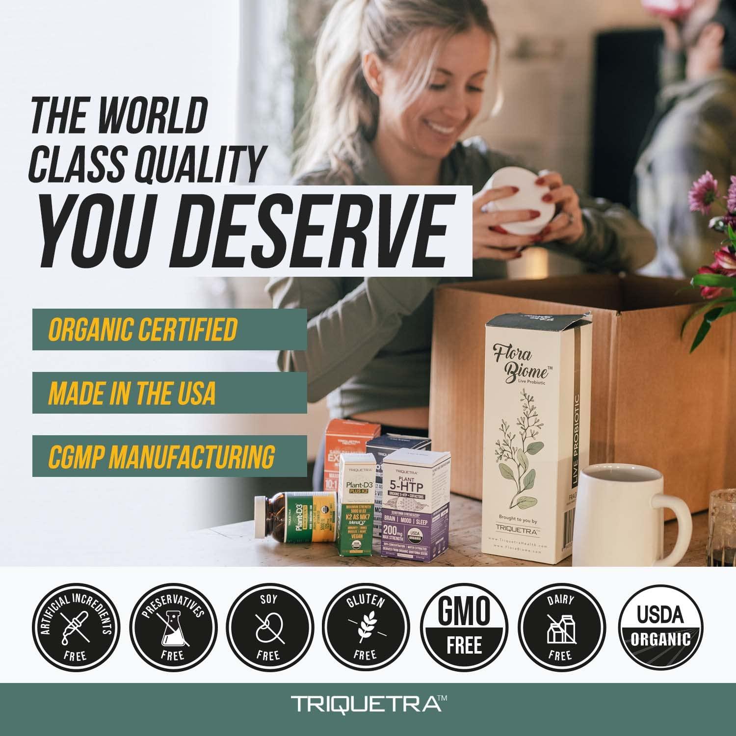 Triquetra Health Organic Plant D3 + K2 | 5000 iu D3 + 120 mcg K2 as All-Trans MK7 from MenaQ7 - 100% Whole Food, Raw & Vegan | Enhanced Digestion with Prebiotic & Superfood Complex D3 from Organic Algae (60 Count)